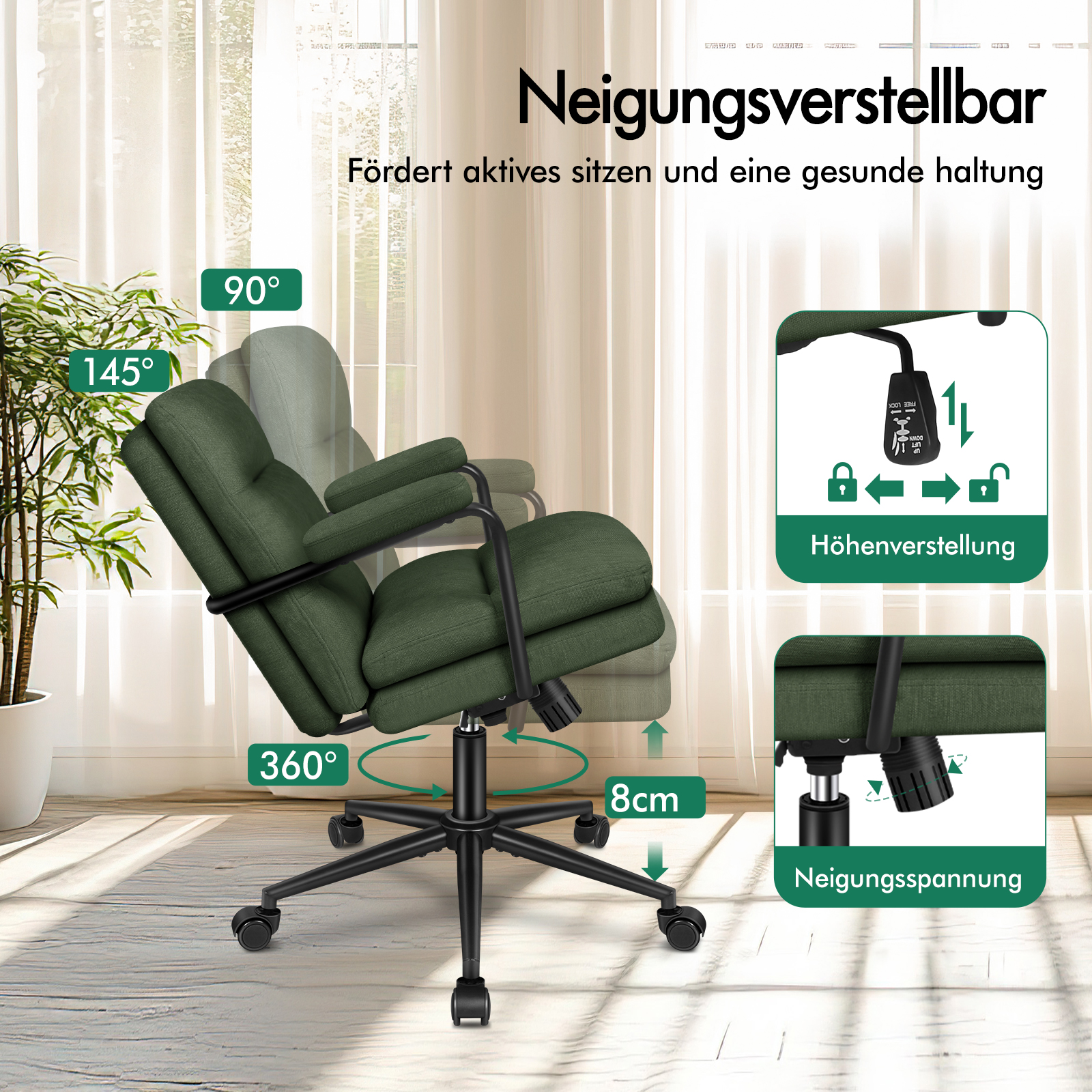 Grüner Schreibtischstuhl mit verstellbarer Neigung, 360-Grad-Drehung, Höhenverstellung und Icons für Funktionen.