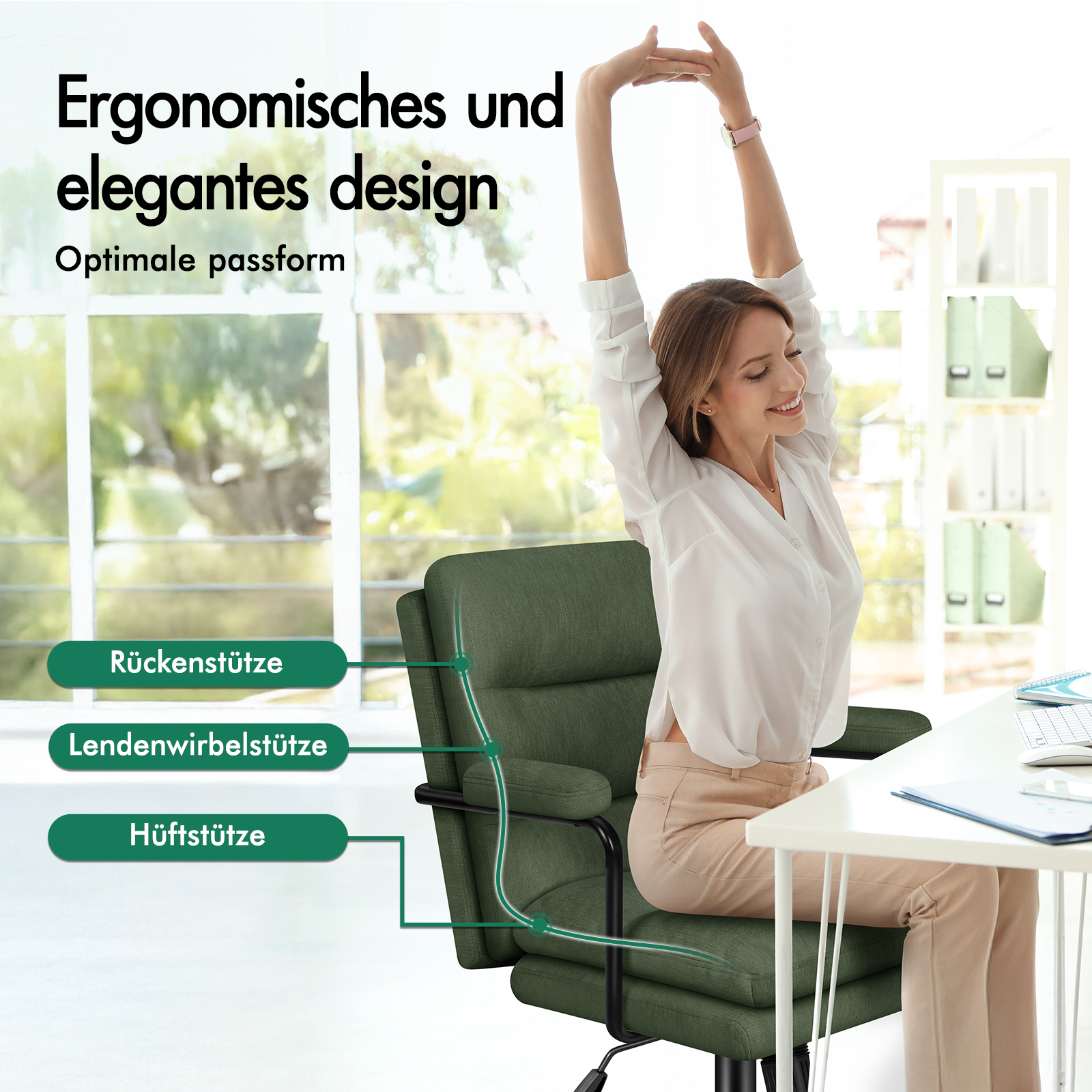 Eine Frau streckt sich glücklich in einem grünen ergonomischen Buerostuhl im hellen Buero.