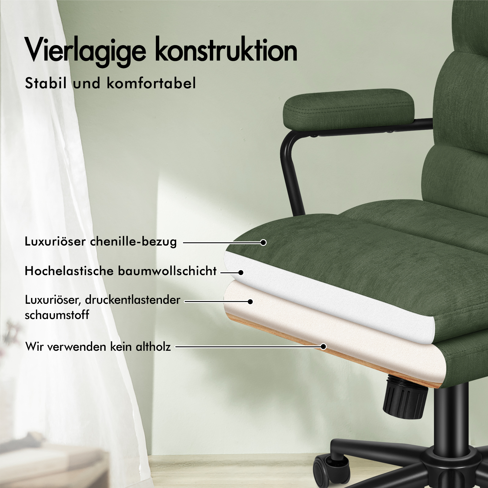 Grüner Schreibtischstuhl mit vierlagigem Sitzaufbau und deutscher Beschriftung.