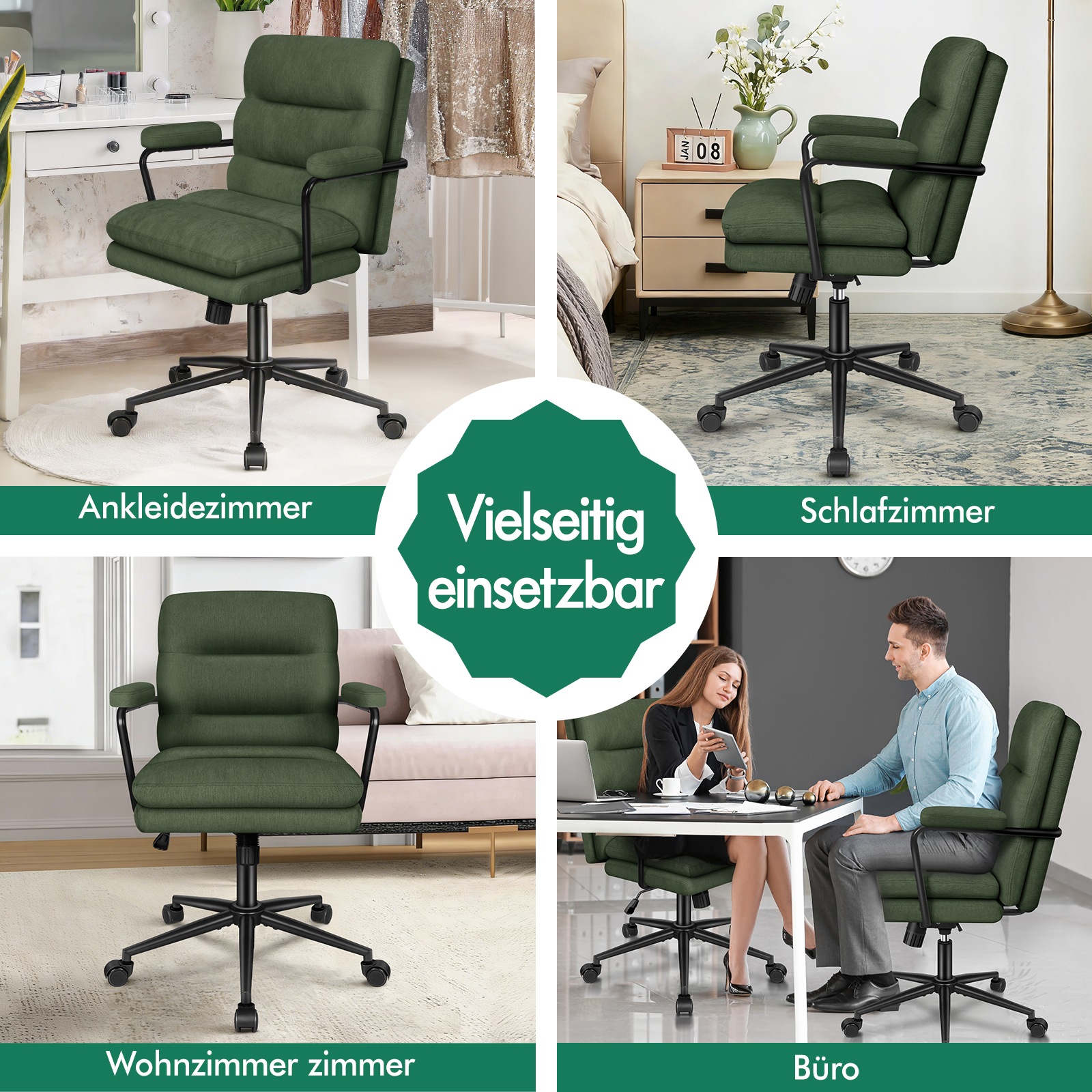 Grüner Schreibtischstuhl mit schwarzen Rollen in vier verschiedenen Raumszenen.