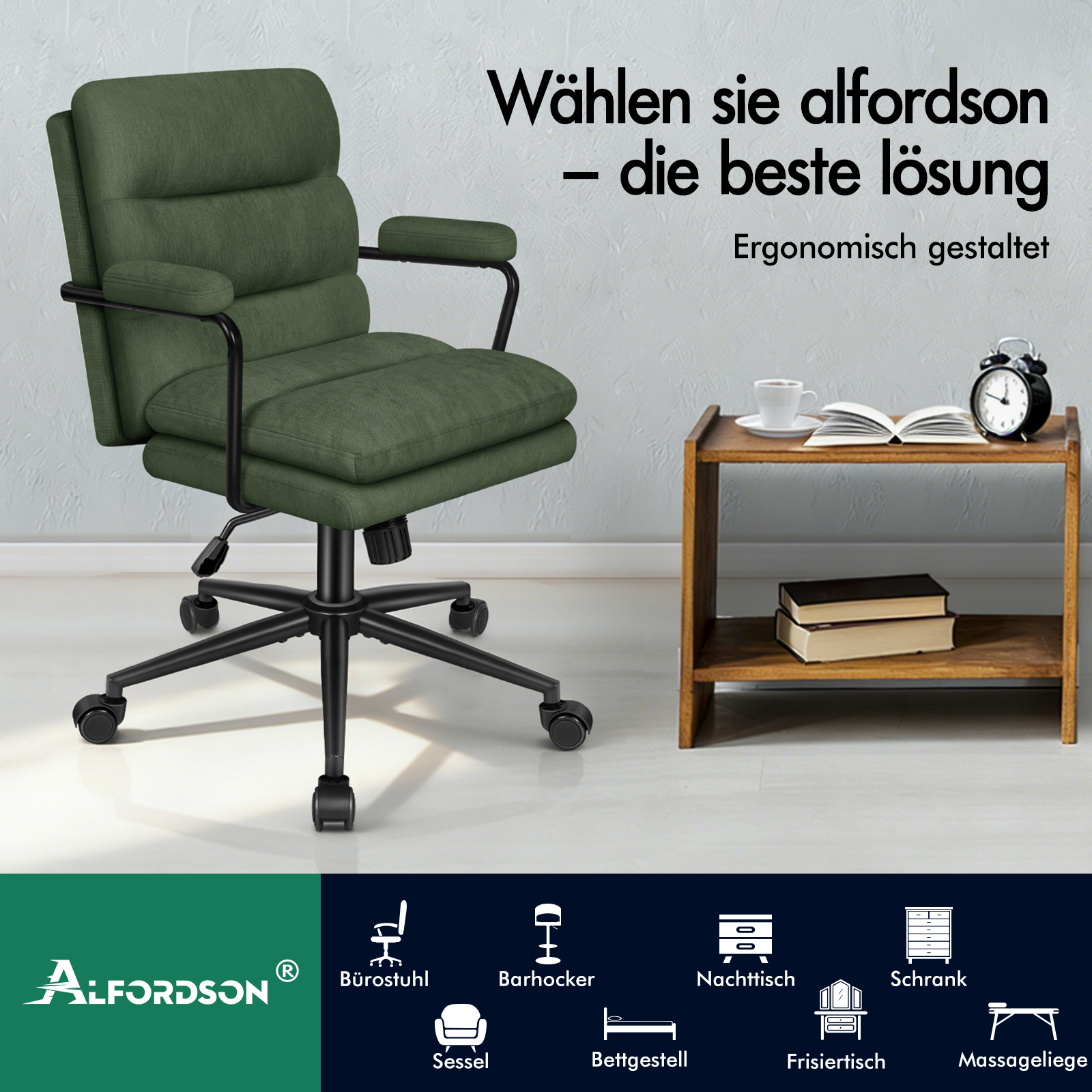 Ein grüner ergonomischer Schreibtischstuhl auf Rollen steht vor einer Wand neben einem Holztisch mit Büchern.