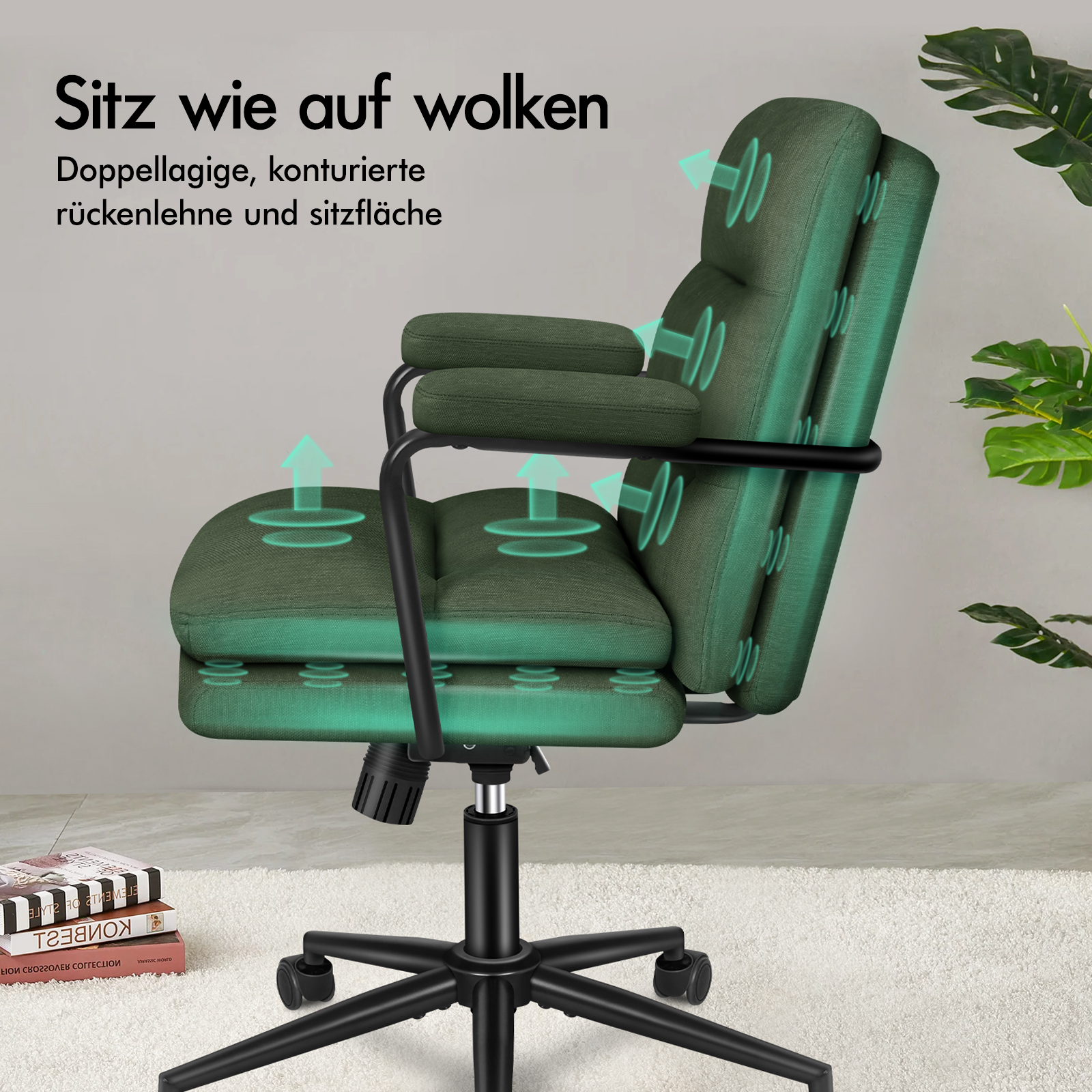 Grüner, gepolsterter Bürostuhl mit schwarzem Metallgestell, Rollen und German-Text auf der linken Seite.
