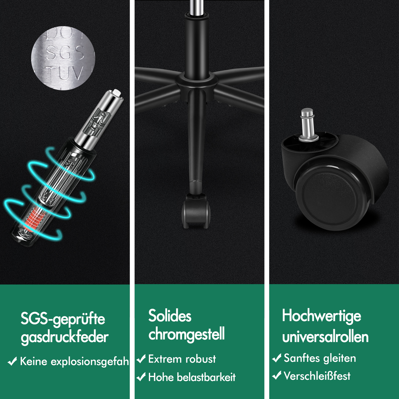 Details zu Gasfeder, stabilem Fußkreuz und Universalrollen eines Bürostuhls.
