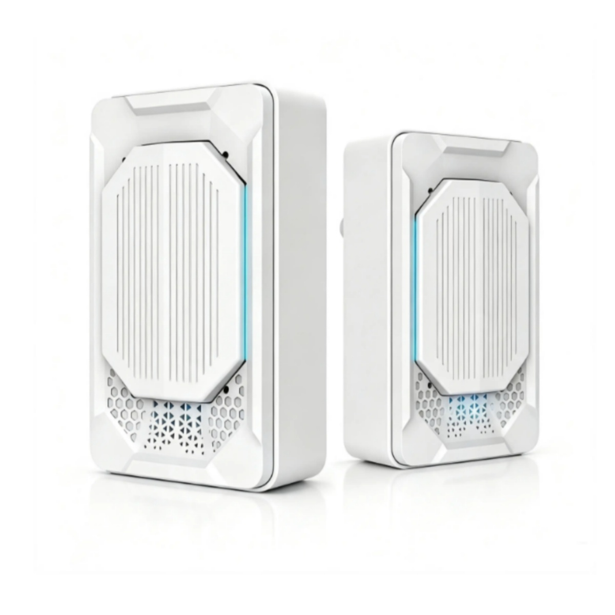 Zwei weiße elektronische Geräte mit gerippter Front und blauen LED-Streifen auf weißem Hintergrund.