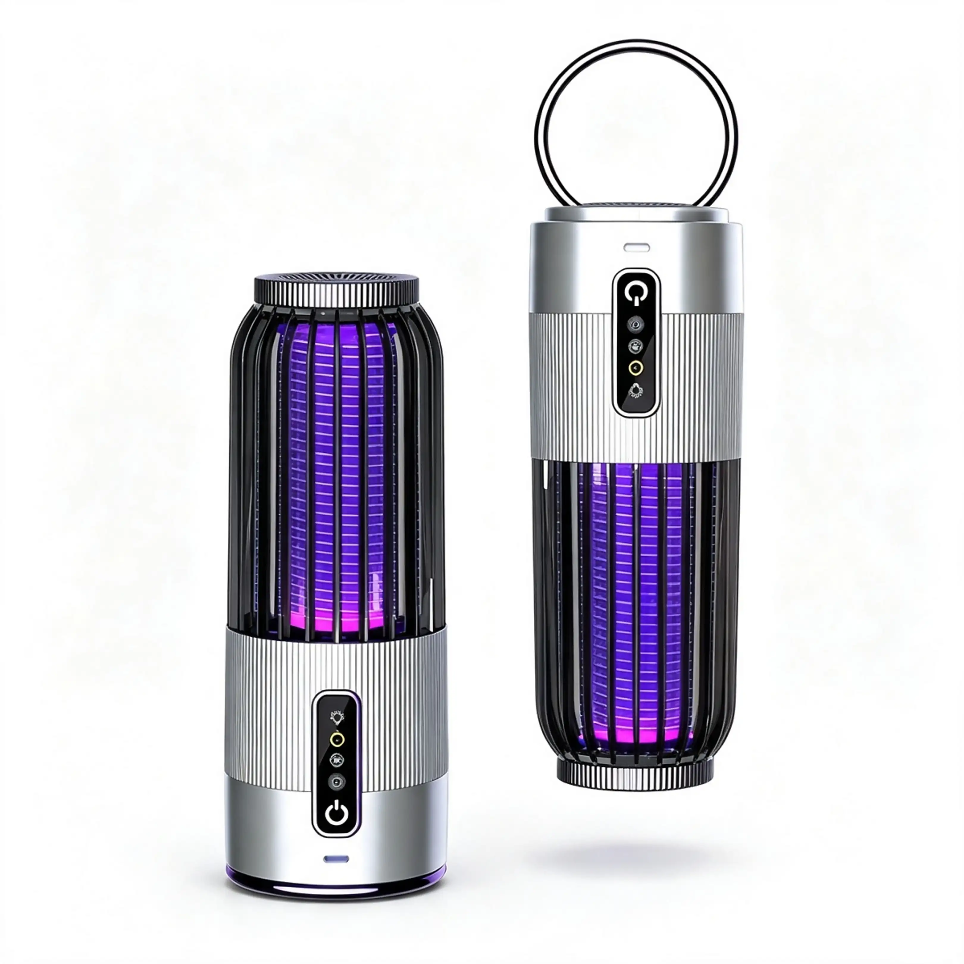 Zwei zylindrische Mückenvernichter in Silber und Schwarz mit violettem UV-Licht vor weißem Hintergrund.
