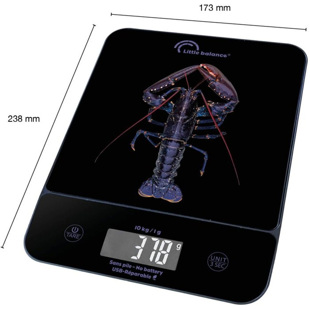 Schwarze Küchenwaage mit Hummer-Grafik, digitalen Display mit 378g und Maßangaben.
