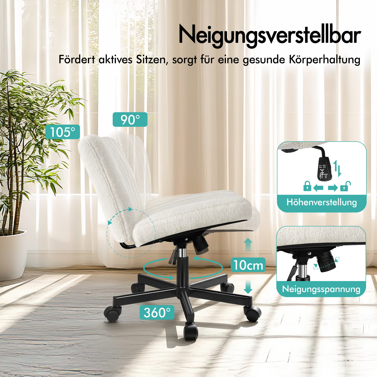 Weißer, höhenverstellbarer Drehstuhl mit Rollen und Funktionen wie Neigung und 360-Grad-Drehung in einem hellen Zimmer.