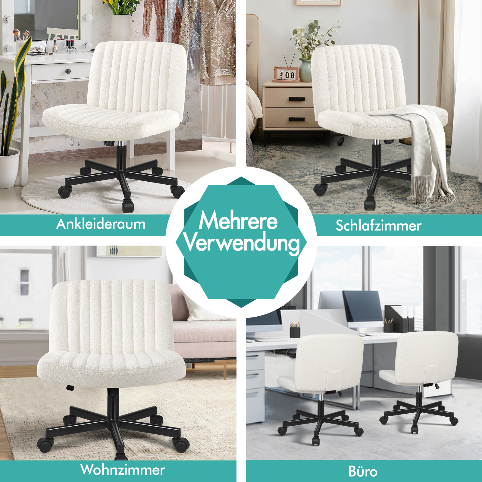Vier Bilder zeigen den gleichen weißen Bürostuhl mit schwarzem Gestell in verschiedenen Räumen: Ankleide, Schlafzimmer, Wohnzimmer, Büro.