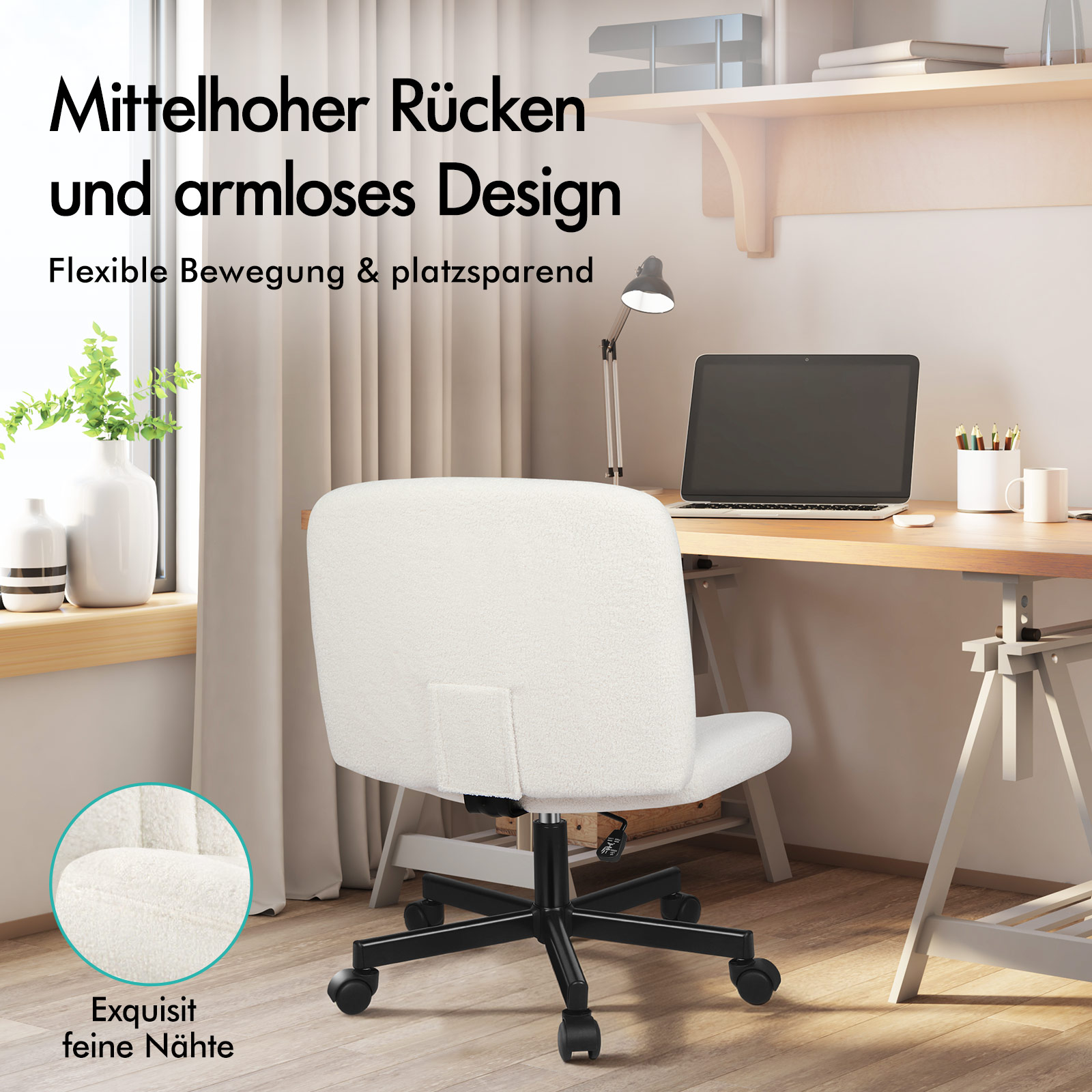 Weißer Bürostuhl mit schwarzem Gestell und Laptop auf Holztisch in hellem Zimmer.