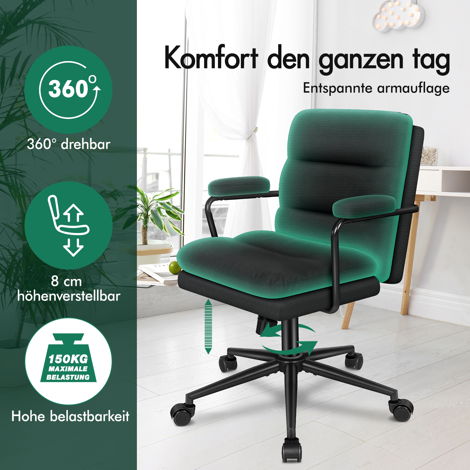 Ein grüner Samt-Bürostuhl mit schwarzen Armlehnen, Rollenfuß und Funktionssymbolen in einem Raum.