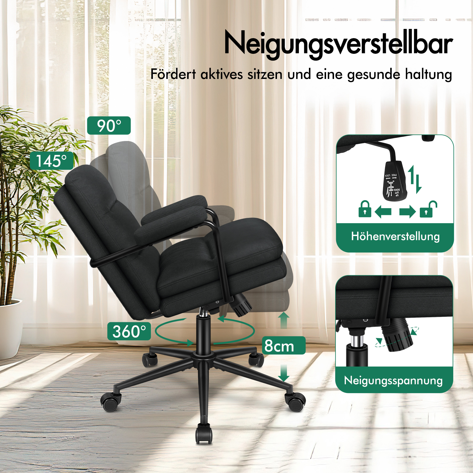Verstellbarer schwarzer Buerostuhl mit Rollen vor hellem Hintergrund und Erklaerungen.
