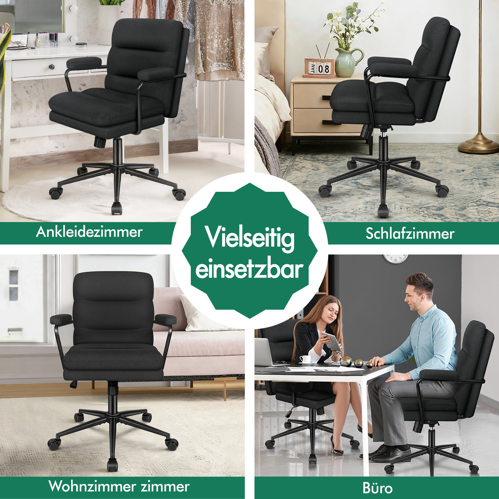 Vier Bilder zeigen den selben schwarzen Schreibtischstuhl in verschiedenen Zimmern wie Ankleidezimmer und Büro.