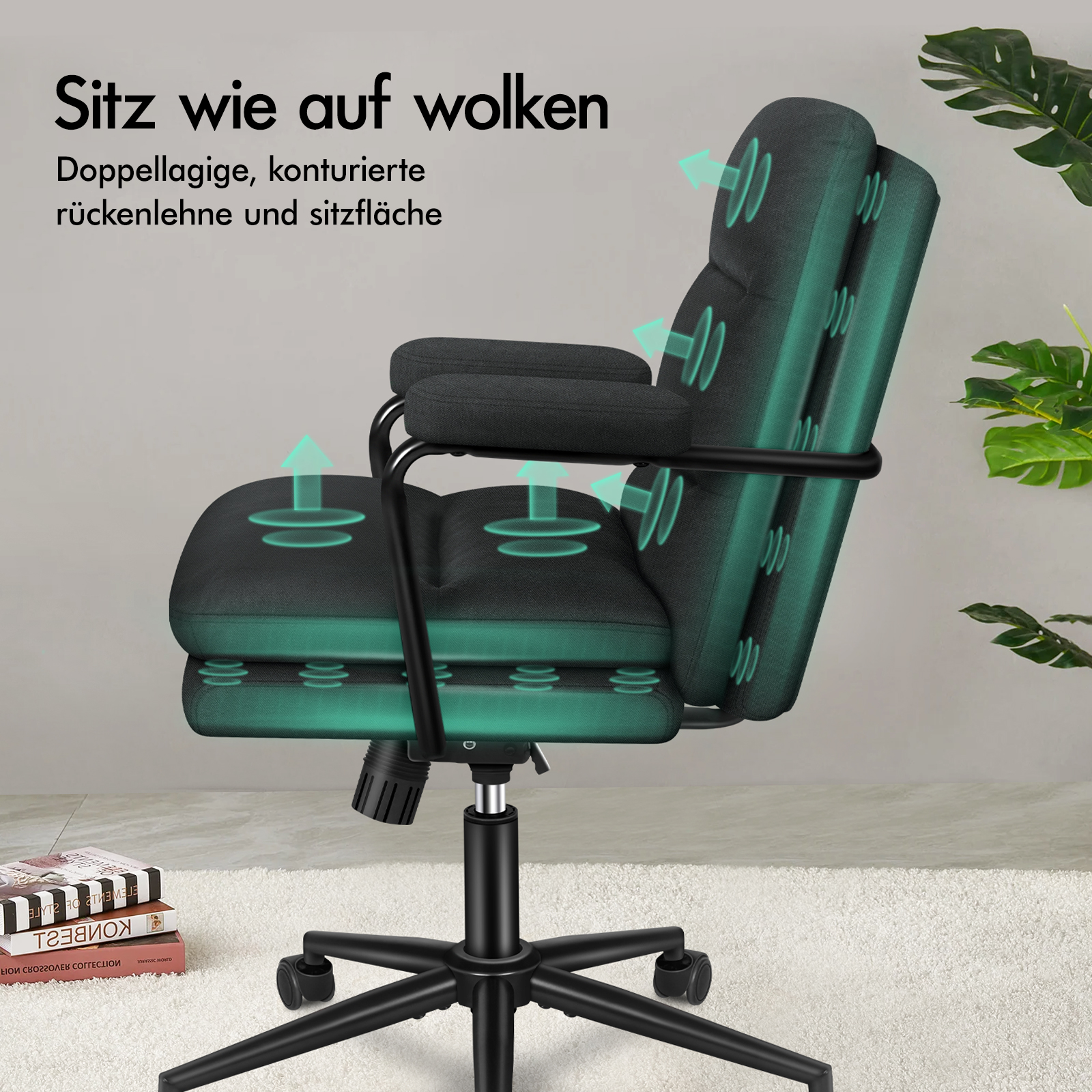 Ein schwarzer Bürostuhl auf einem weißen Teppich mit doppellagigen Kissen und grün leuchtenden Support-Grafiken.