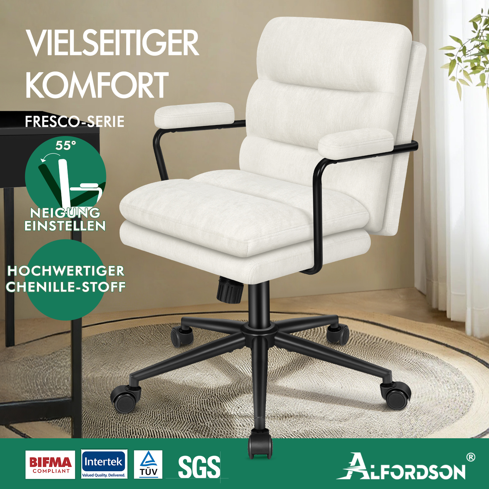 Weißer Buerostuhl mit schwarzen Akzenten auf einem Teppich vor einer beigen Wand mit Werbetexten.