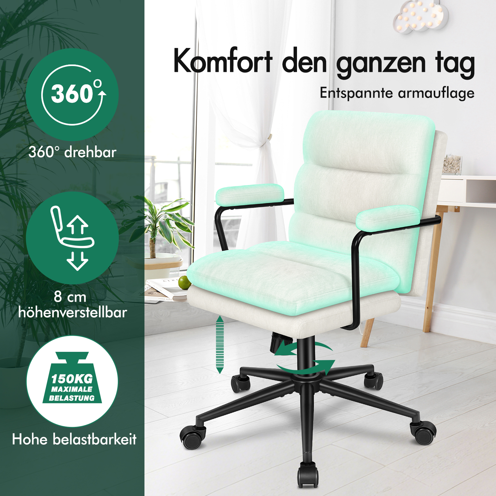 Ein weißer Bürostuhl mit grünen Akzenten, schwarzen Beinen und Rollen sowie Infografiken zu Funktionen.