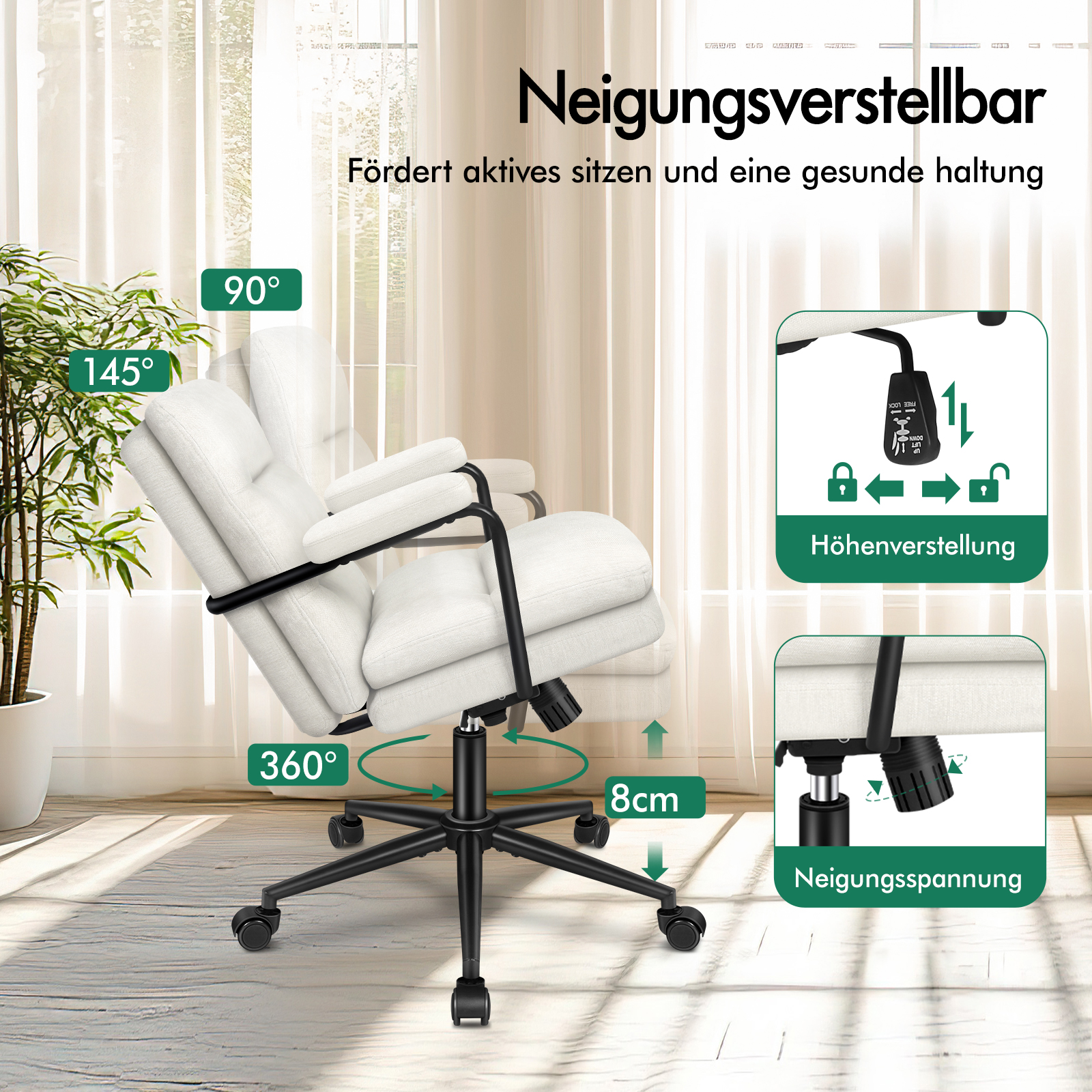 Ergonomischer weißer Bürostuhl mit schwarzem Metallgestell zeigt Neigungs-, Dreh- und Höhenverstellung.