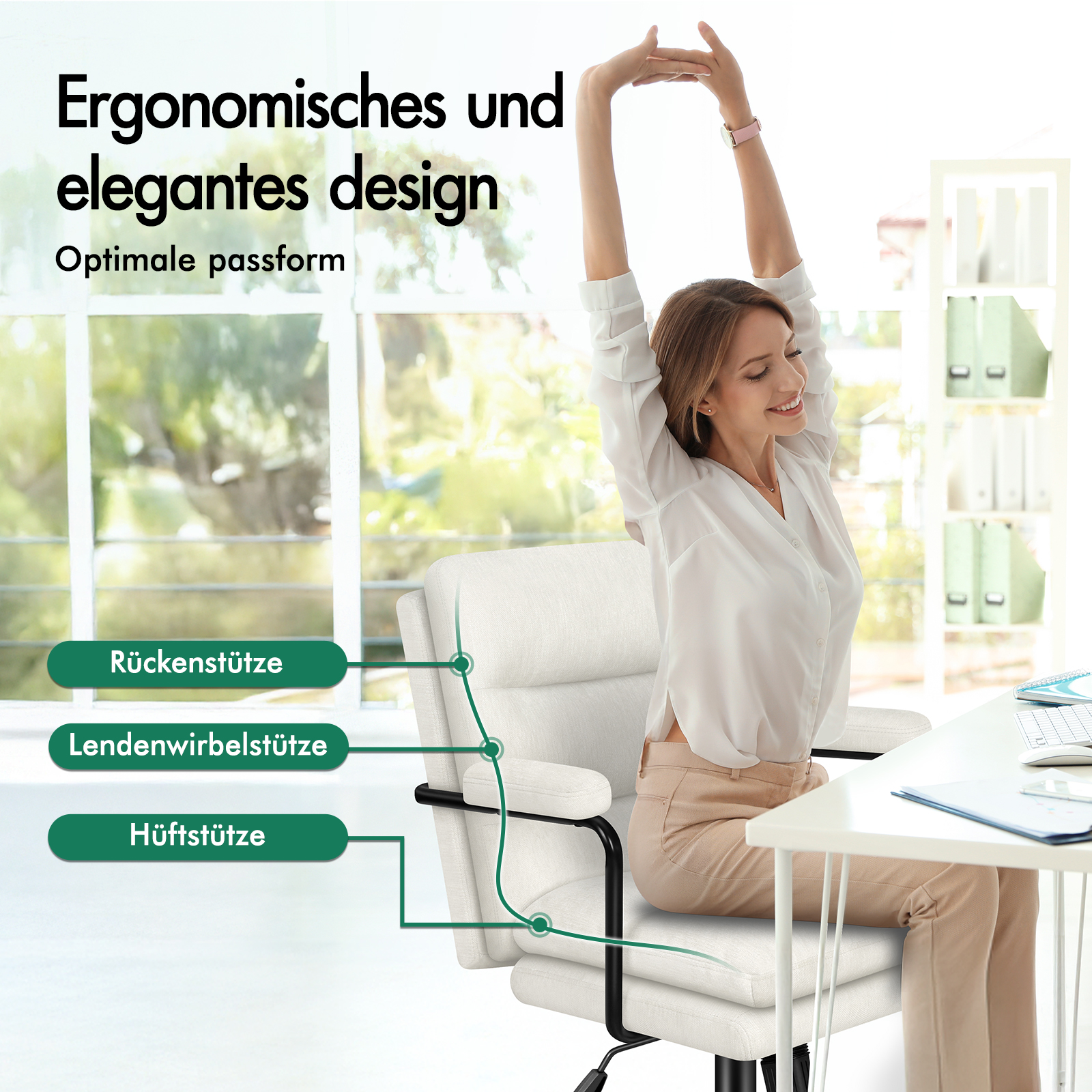 Frau streckt sich in einem ergonomischen Bürostuhl vor einem großen Fenster.