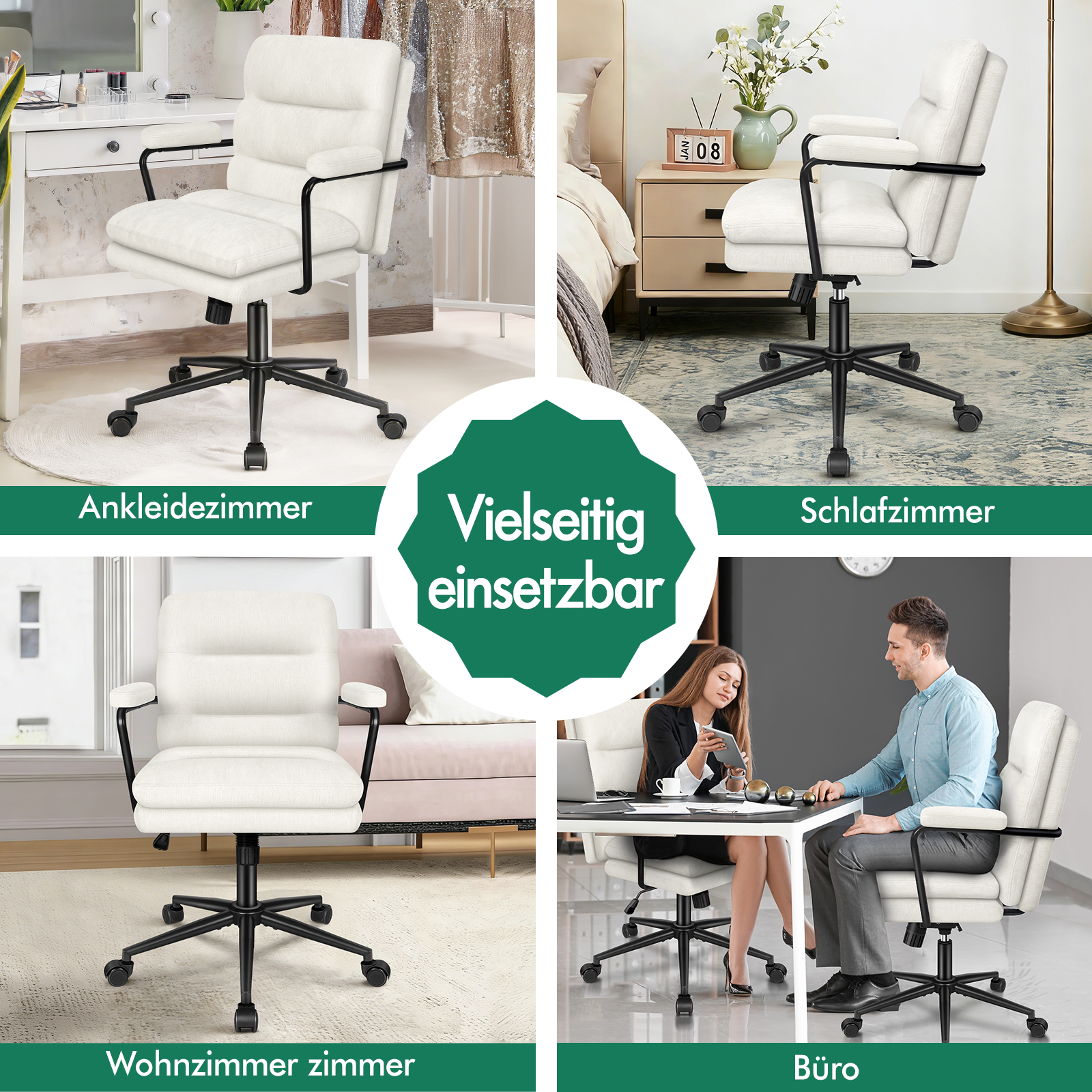 Ein weißer Bürostuhl mit schwarzem Metallgestell in vier verschiedenen Räumen: Ankleidezimmer, Schlafzimmer, Wohnzimmer, Büro.