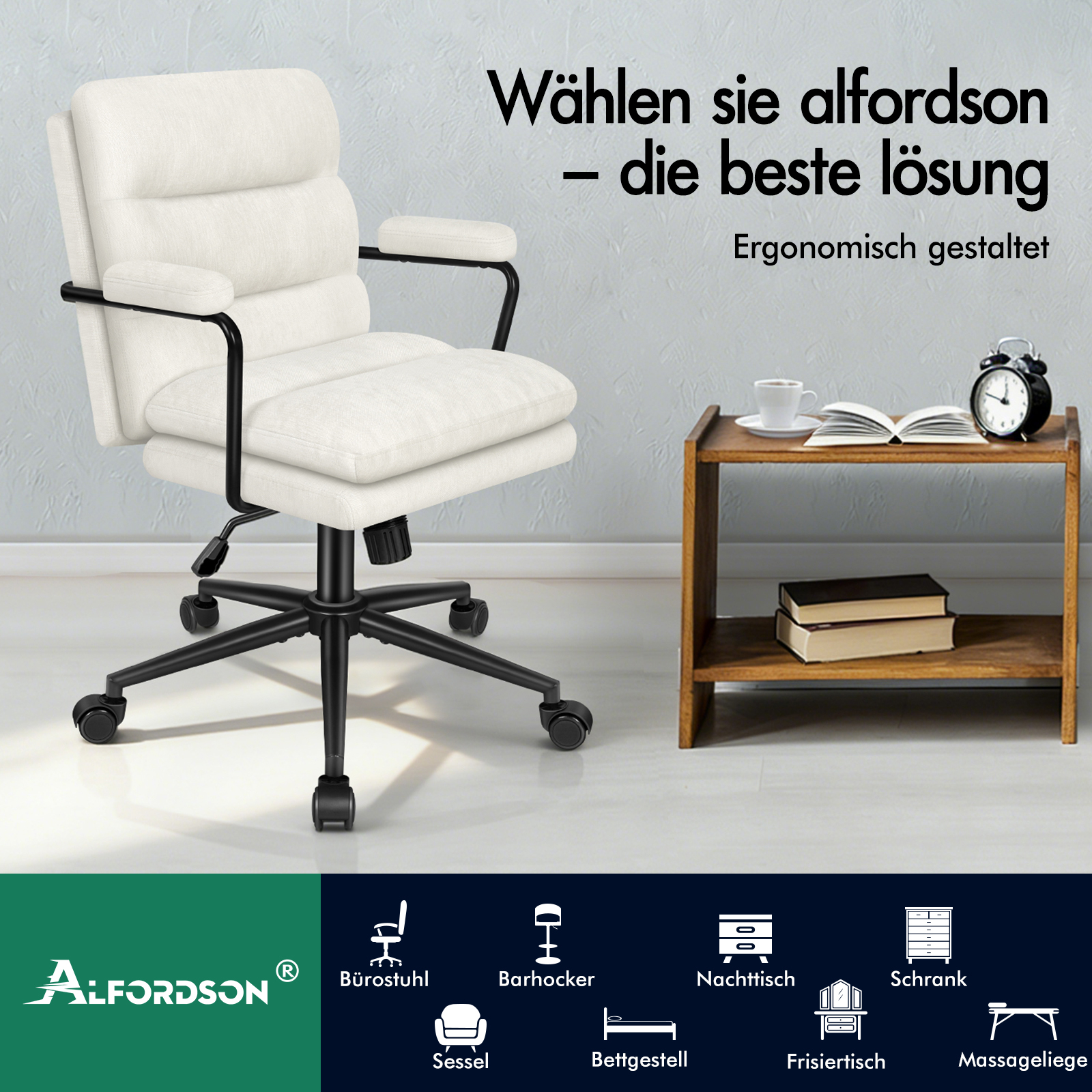 Weißer ergonomischer Bürostuhl mit schwarzem Metallgestell, Rollen und kleinem Holztisch mit Deko im Hintergrund.