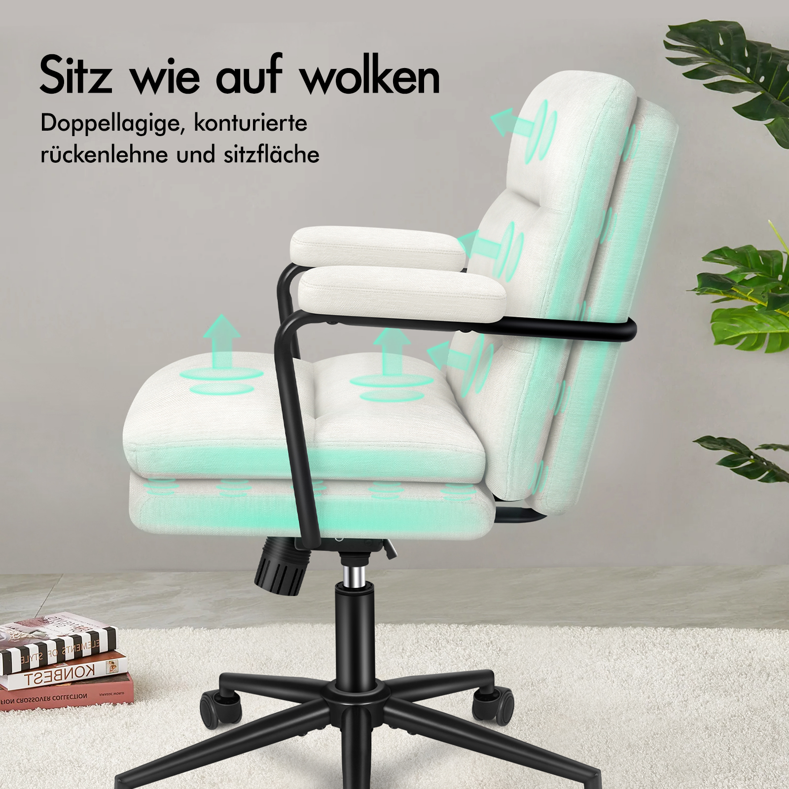 Weißer Buerostuhl mit schwarzem Gestell und Gruenen Pfeilen, die den Komfort zeigen.