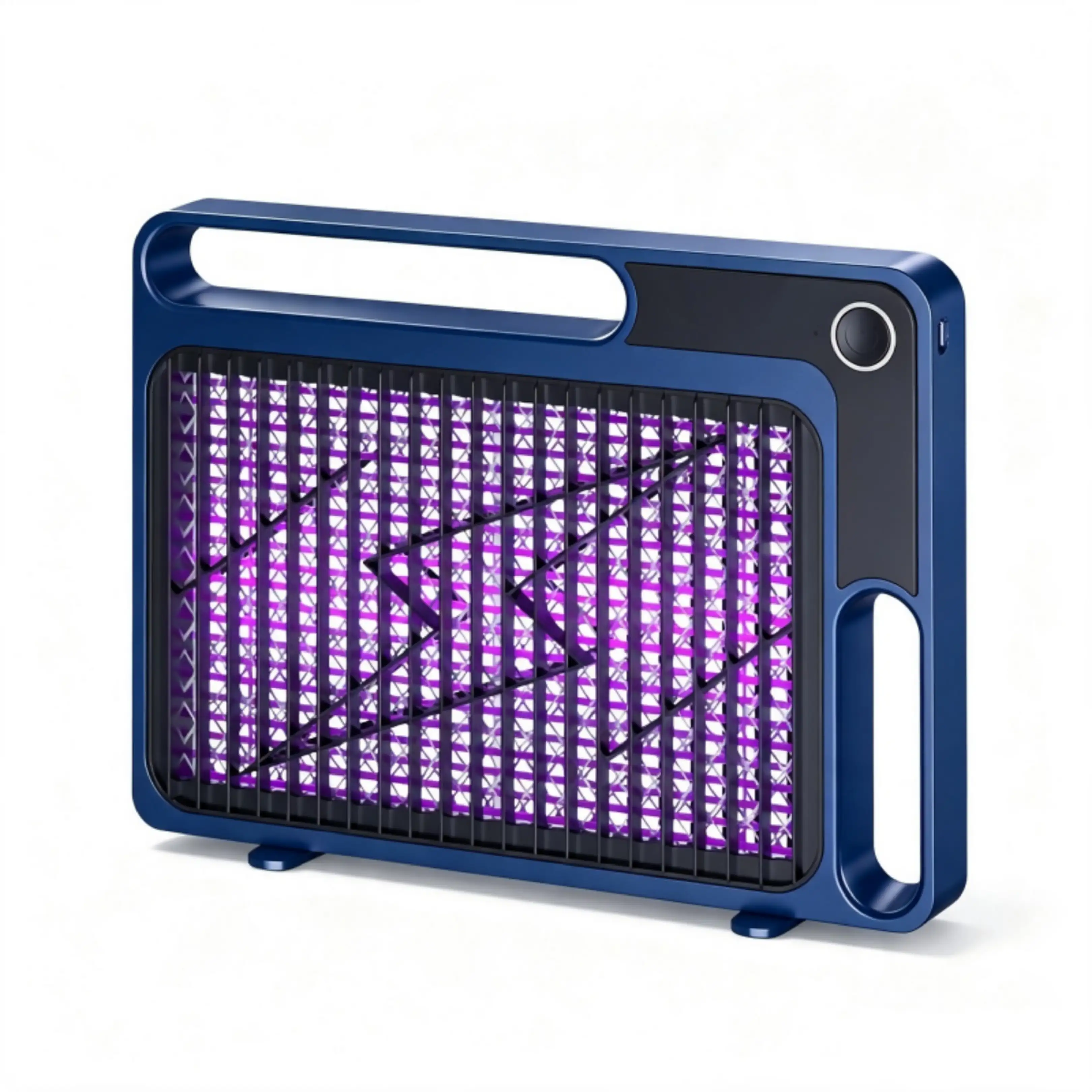 Ein blauer elektronischer Insektenvernichter mit violettem Gitter und schwarzem Bedienfeld vor weißem Hintergrund.