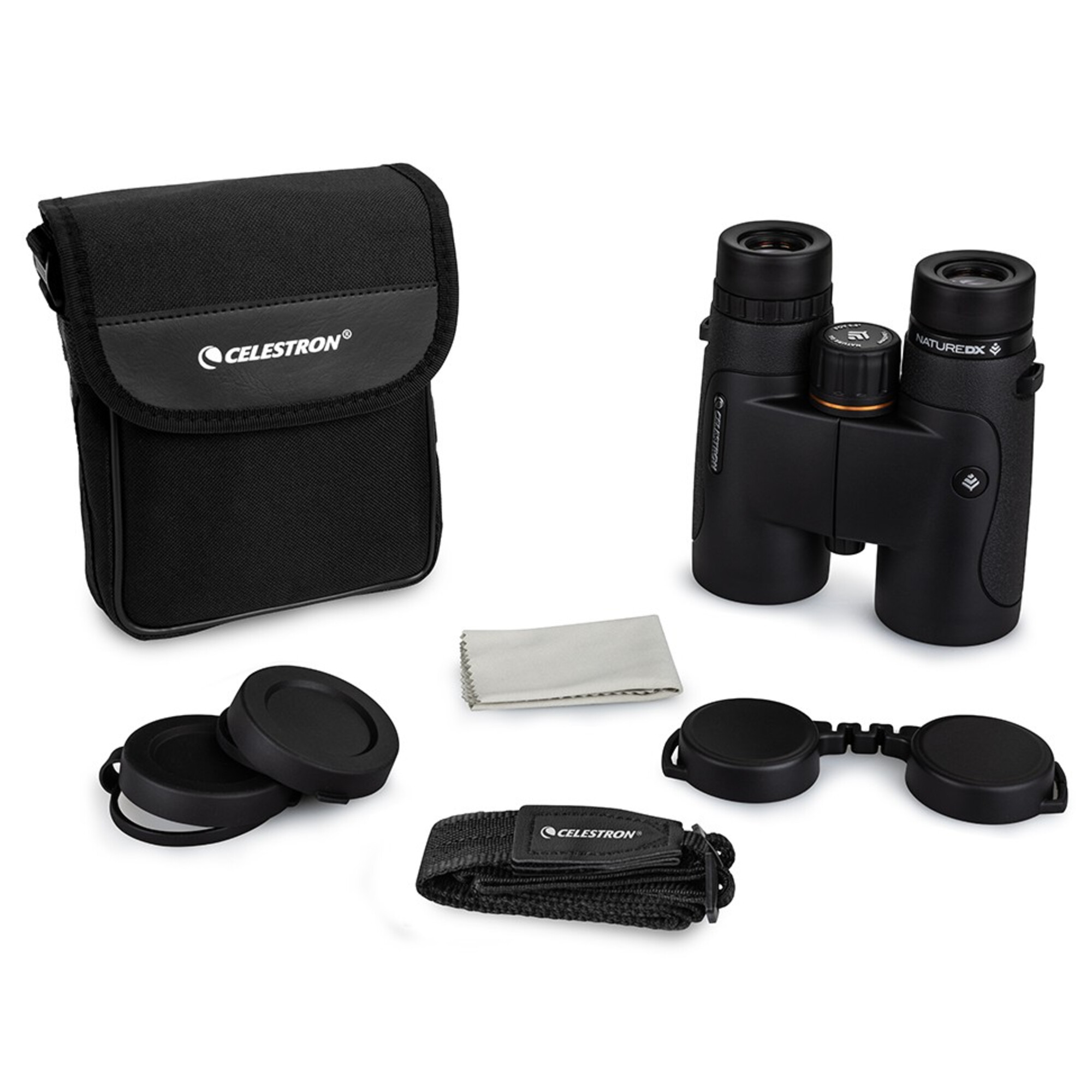 Schwarzes Celestron Fernglas mit Tasche, Gurt, Putztuch und Schutzkappen auf weißem Hintergrund.