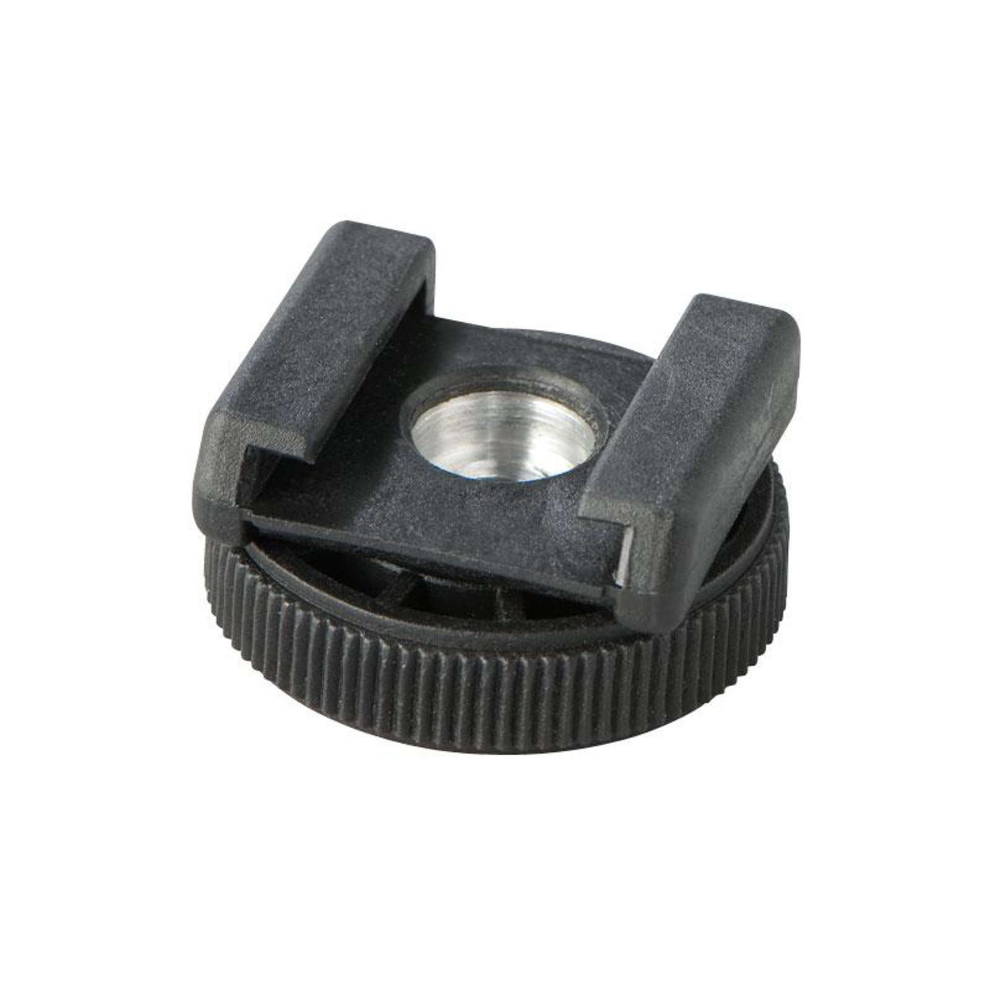 Schwarzer Blitzschuh-Adapter mit Metallgewinde und geriffeltem Drehring auf weißem Hintergrund.