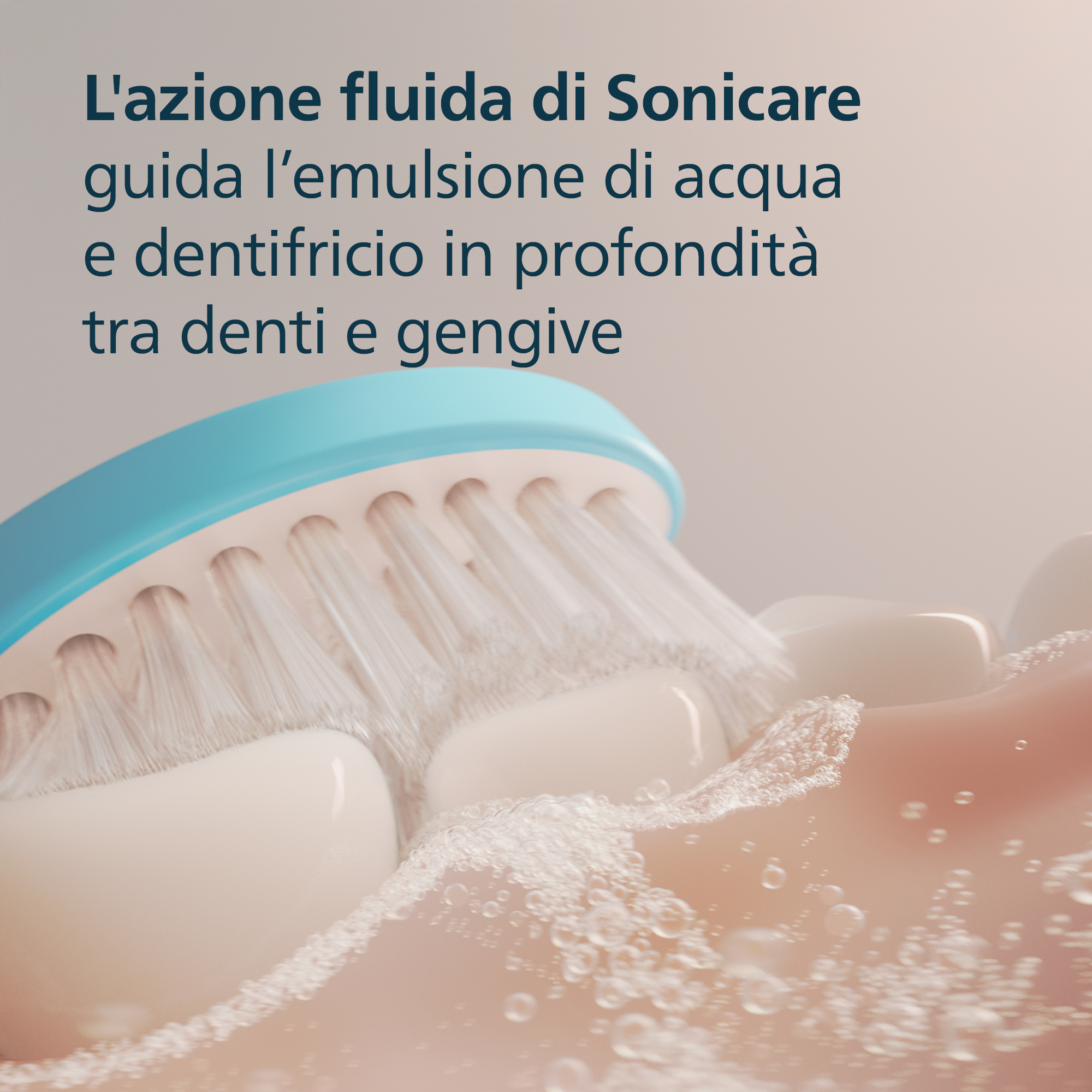 Uno spazzolino Sonicare pulisce denti e gengive con acqua e schiuma.