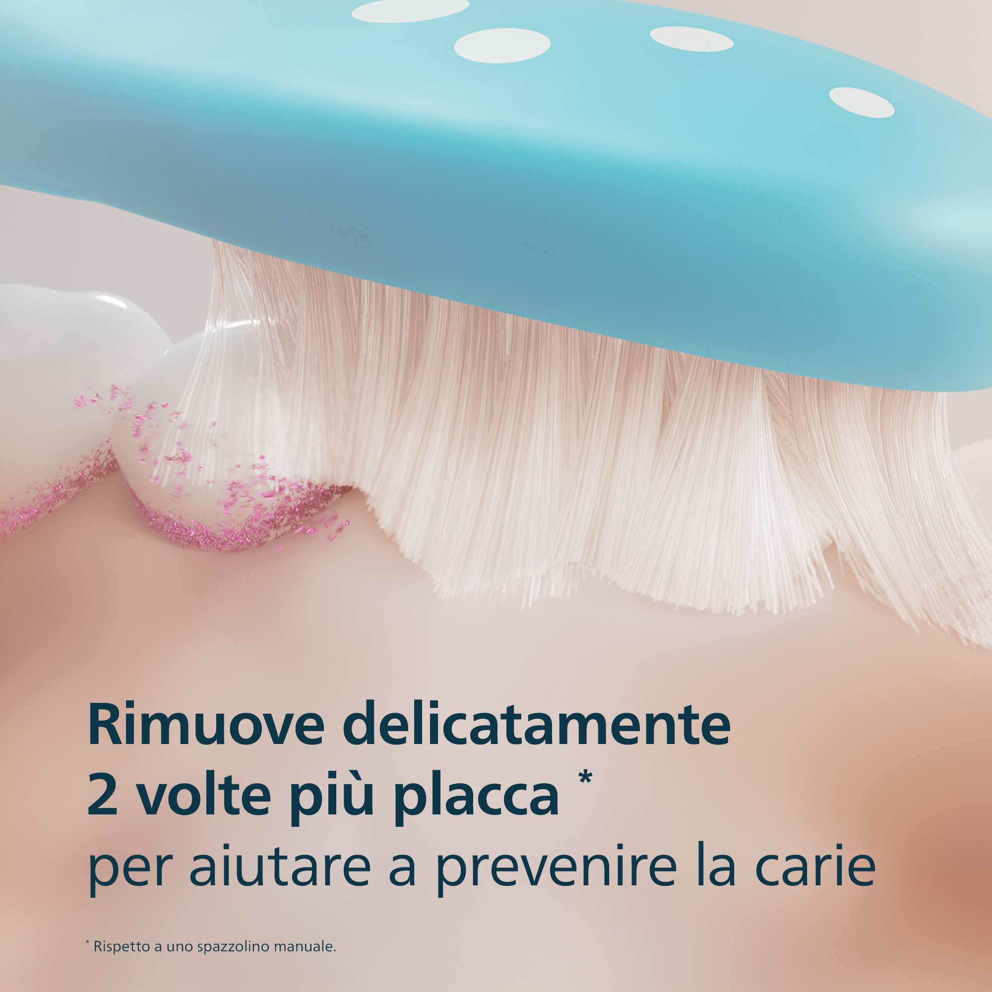 Uno spazzolino blu con setole bianche pulisce i denti, con testo italiano in basso.