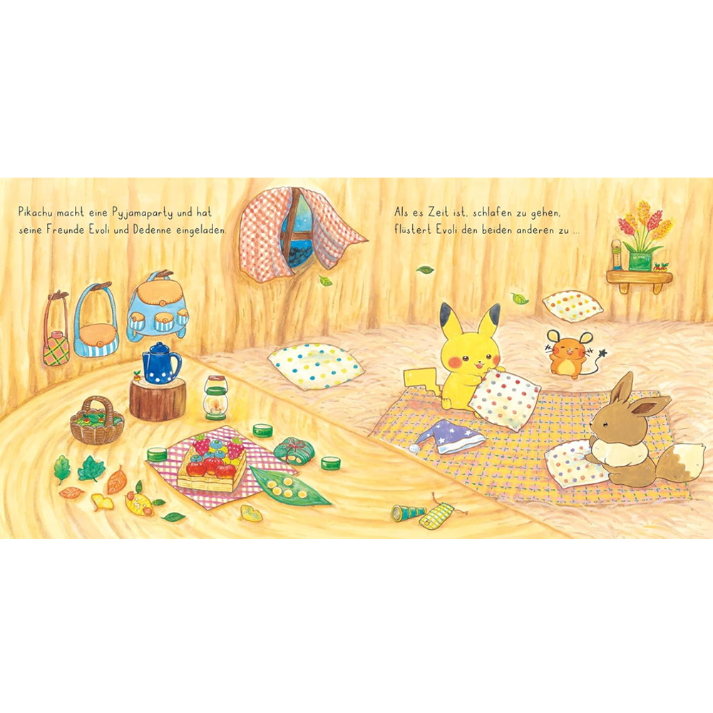 Pokémon Pikachu, Evoli und Dedenne machen eine gemütliche Pyjamaparty in einem Holzraum mit Kissen und Taschen.