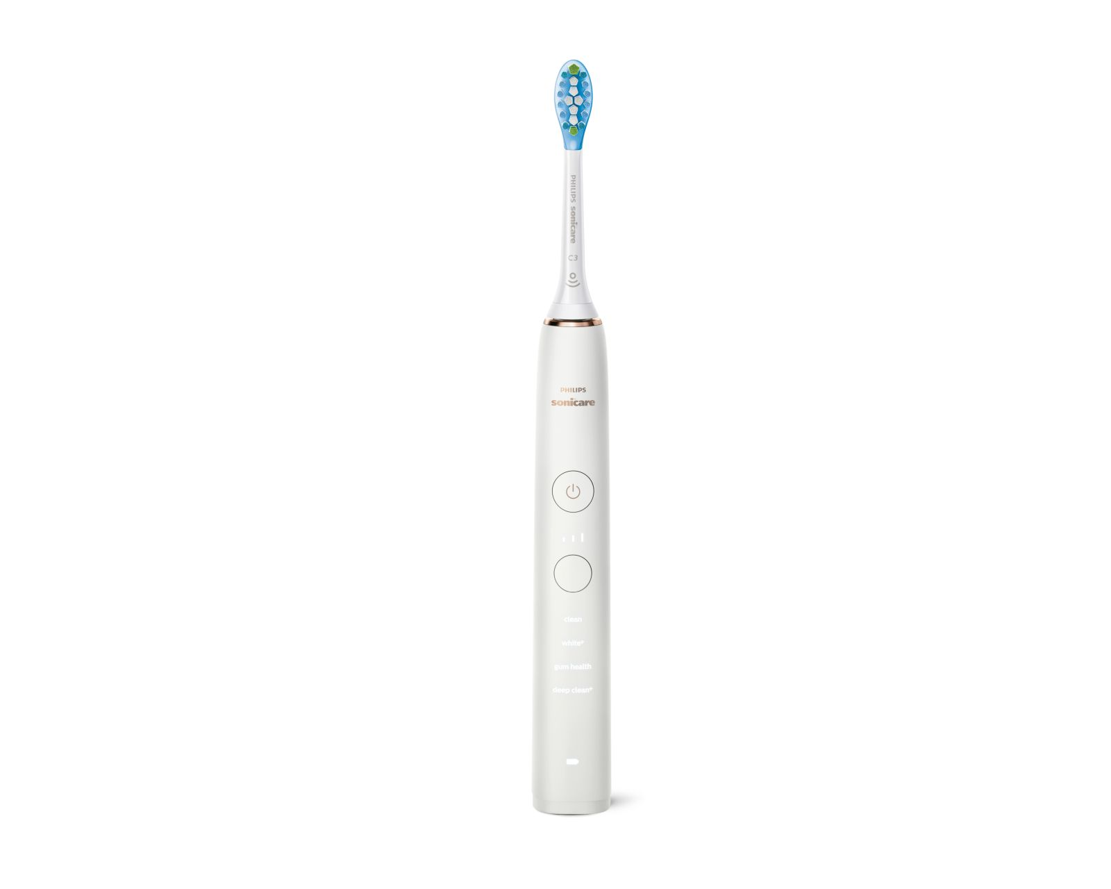 Uno spazzolino elettrico Philips Sonicare bianco con setole blu e bianche su sfondo bianco.