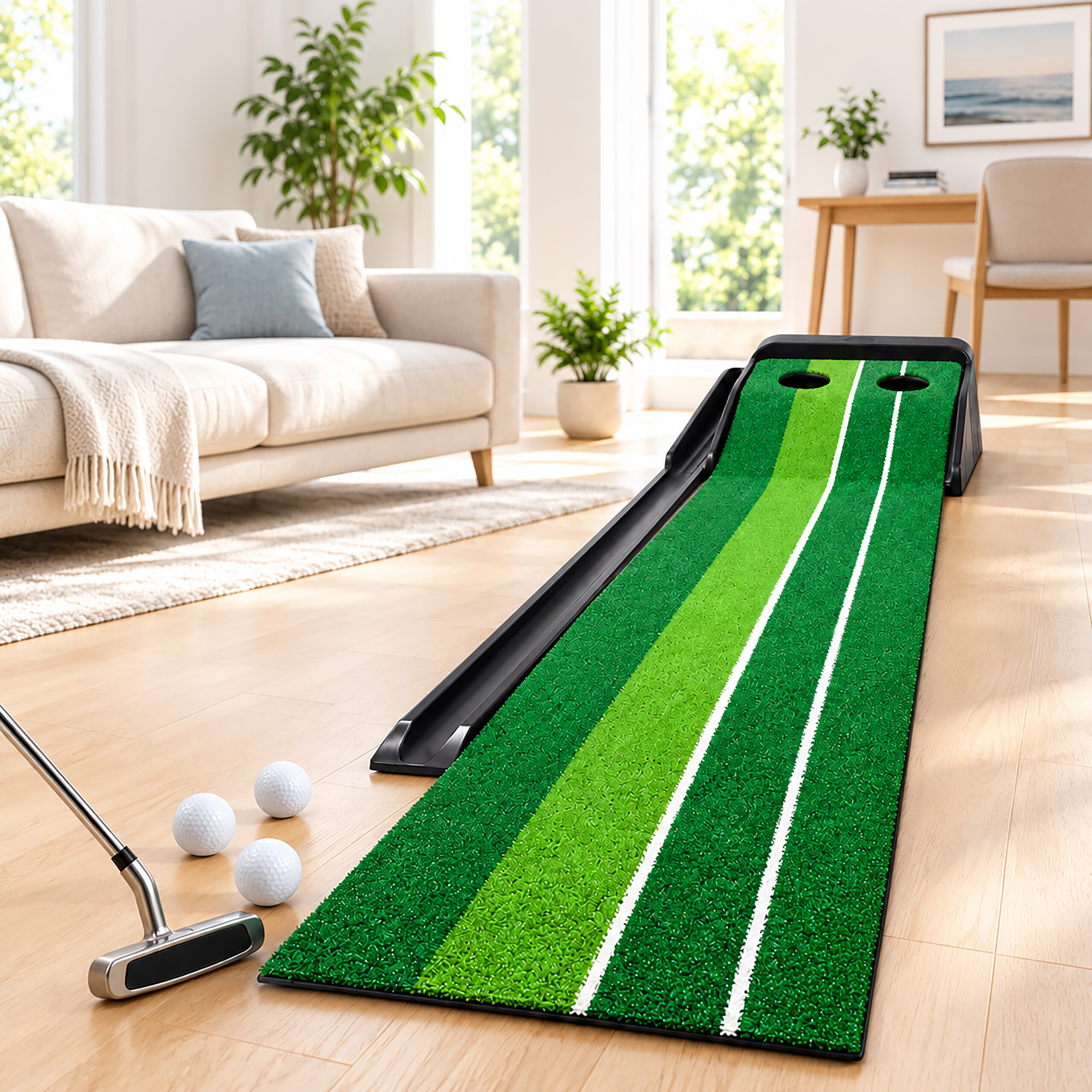 Ein Putting-Matte liegt auf dem Holzfußboden in einem hellen Wohnzimmer, mit drei Bällen und einem Putter.