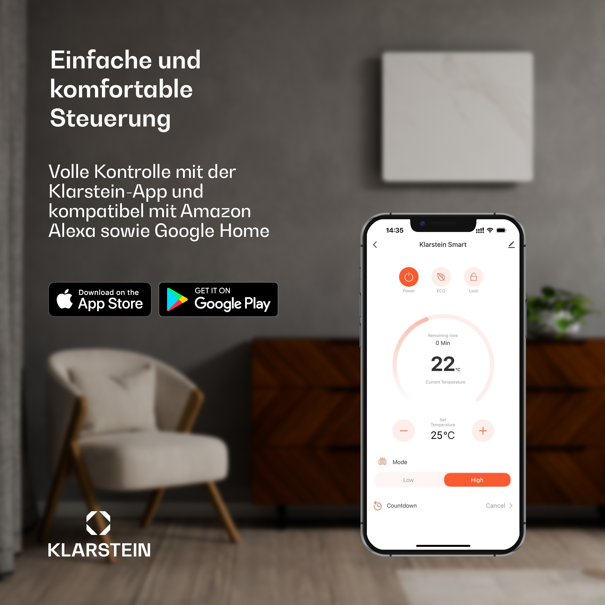 Smartphone muestra la app Klarstein Smart con control de temperatura en una sala moderna.