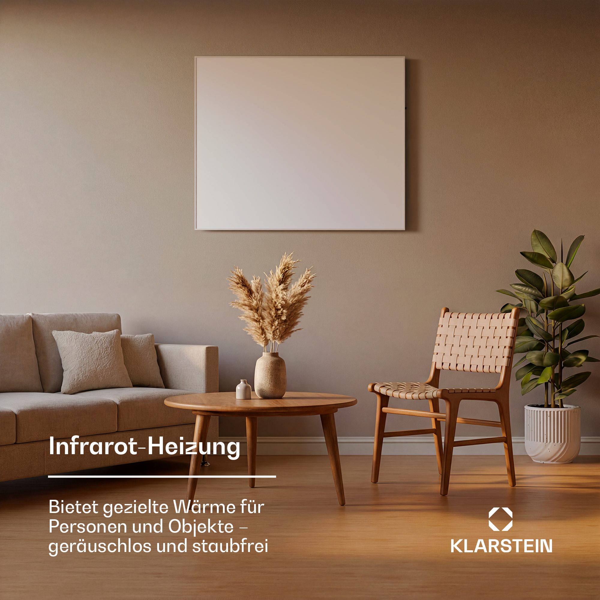 Salón acogedor con sofá, mesa de madera, plantas y gran calefactor infrarrojo en la pared.