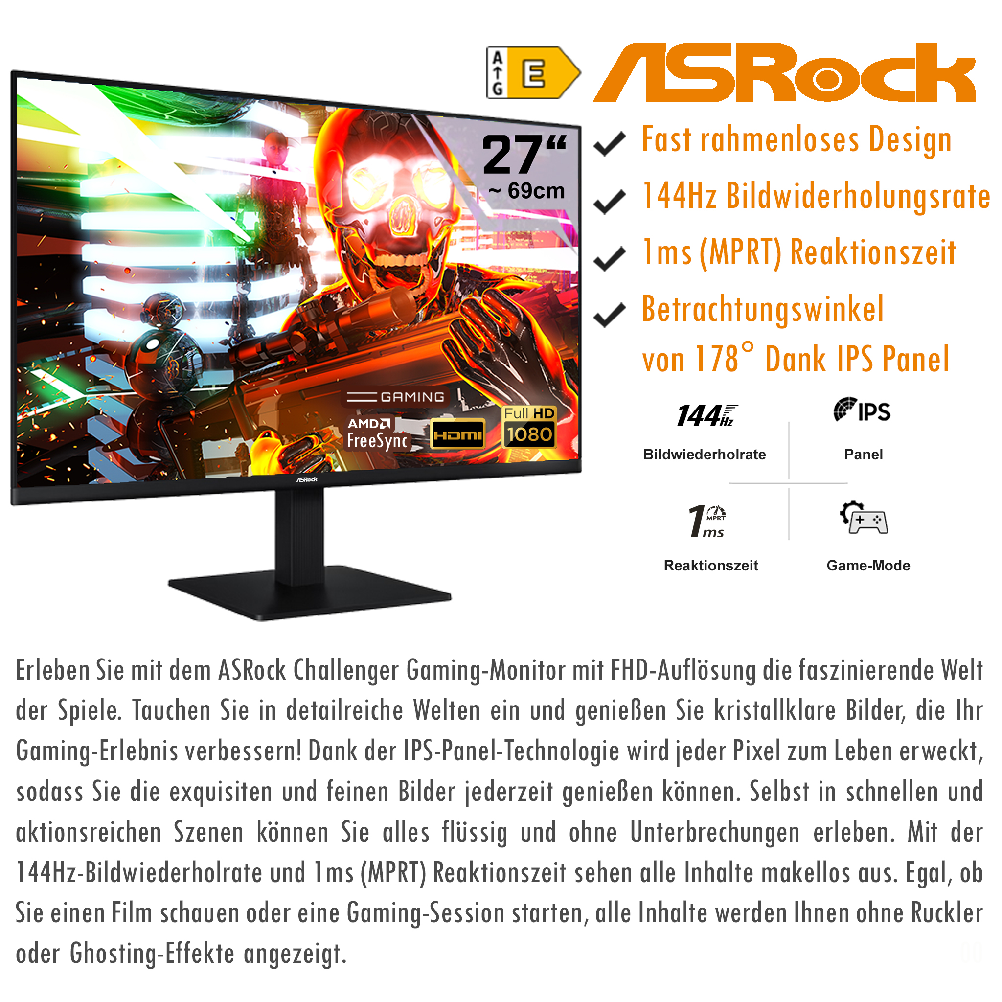 ASRock 27 Zoll Gaming-Monitor mit Full HD, 144Hz, 1ms Reaktionszeit und IPS-Panel.