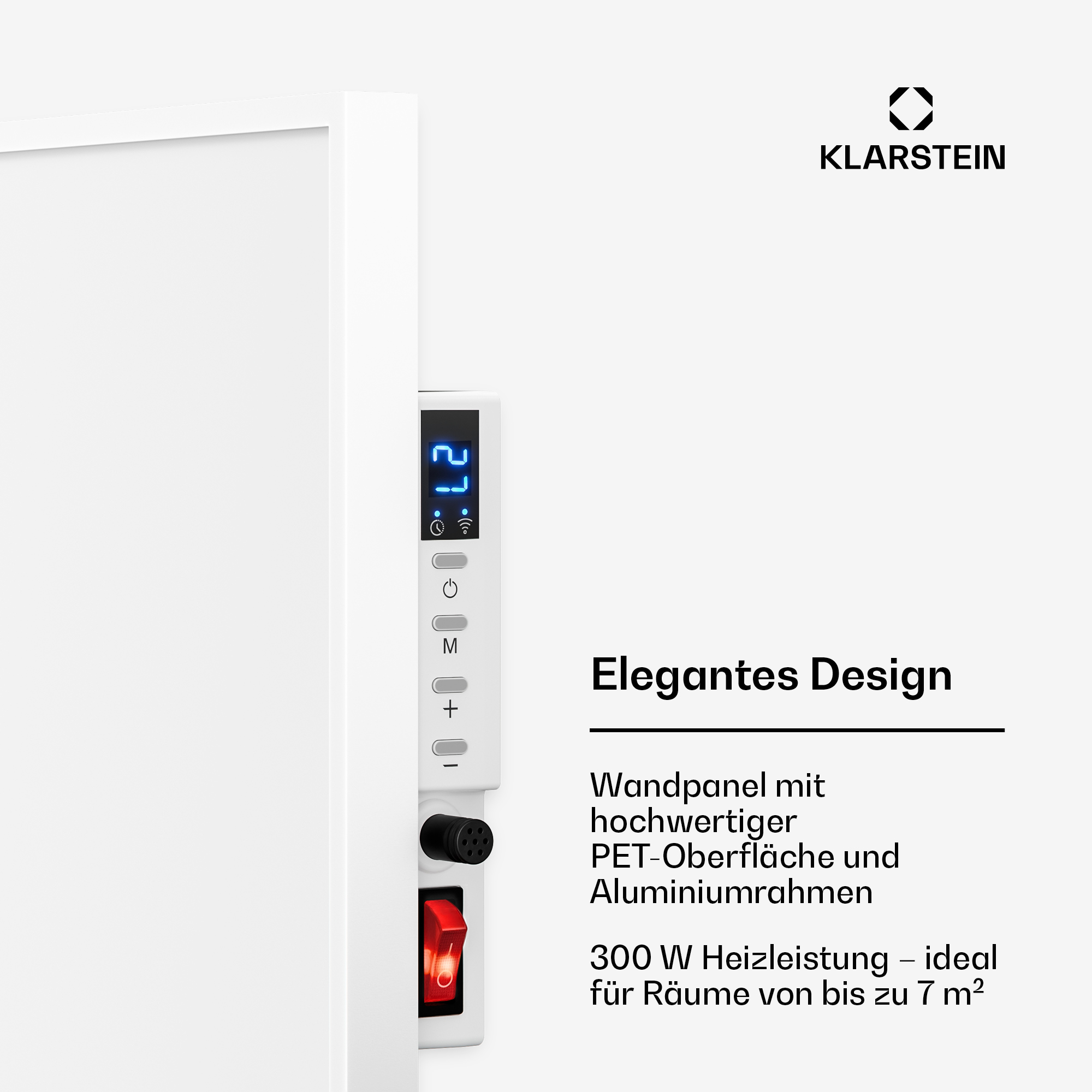 Panel de pared Klarstein con pantalla LED, botones, interruptor rojo y texto sobre diseño elegante.