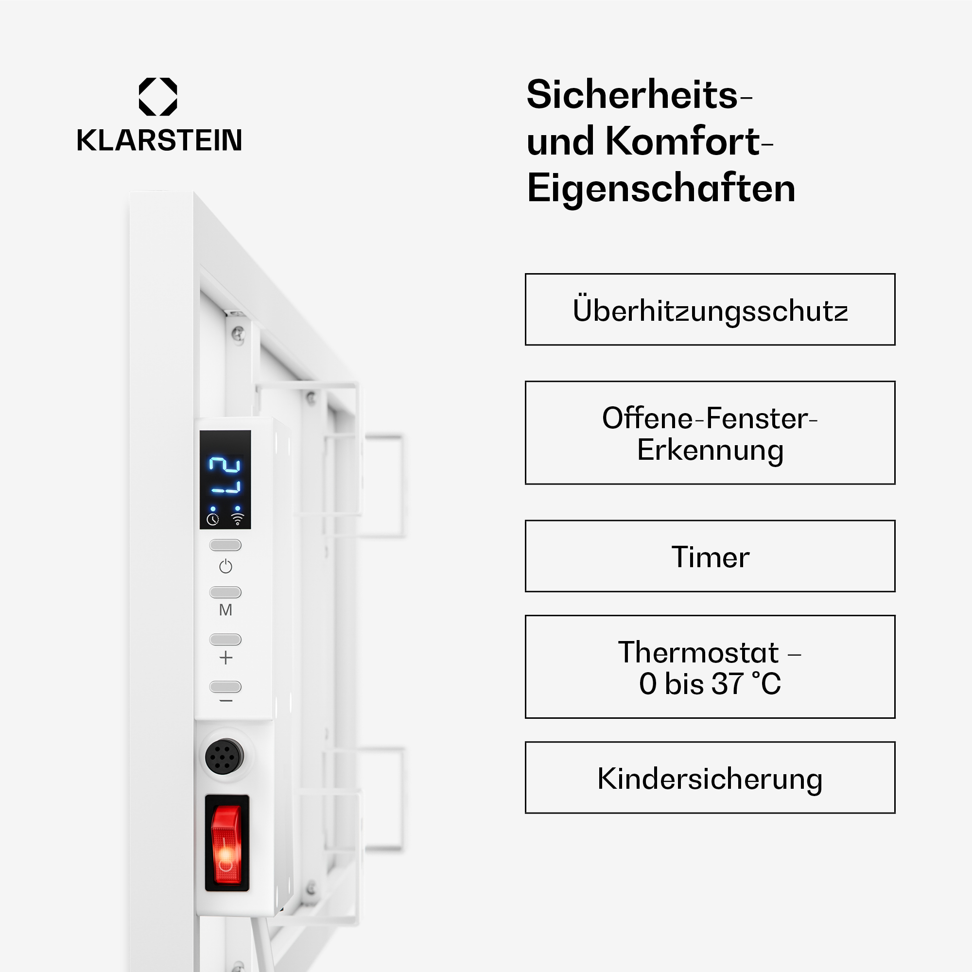 Lateral del panel calefactor Klarstein con pantalla digital y seguridad.