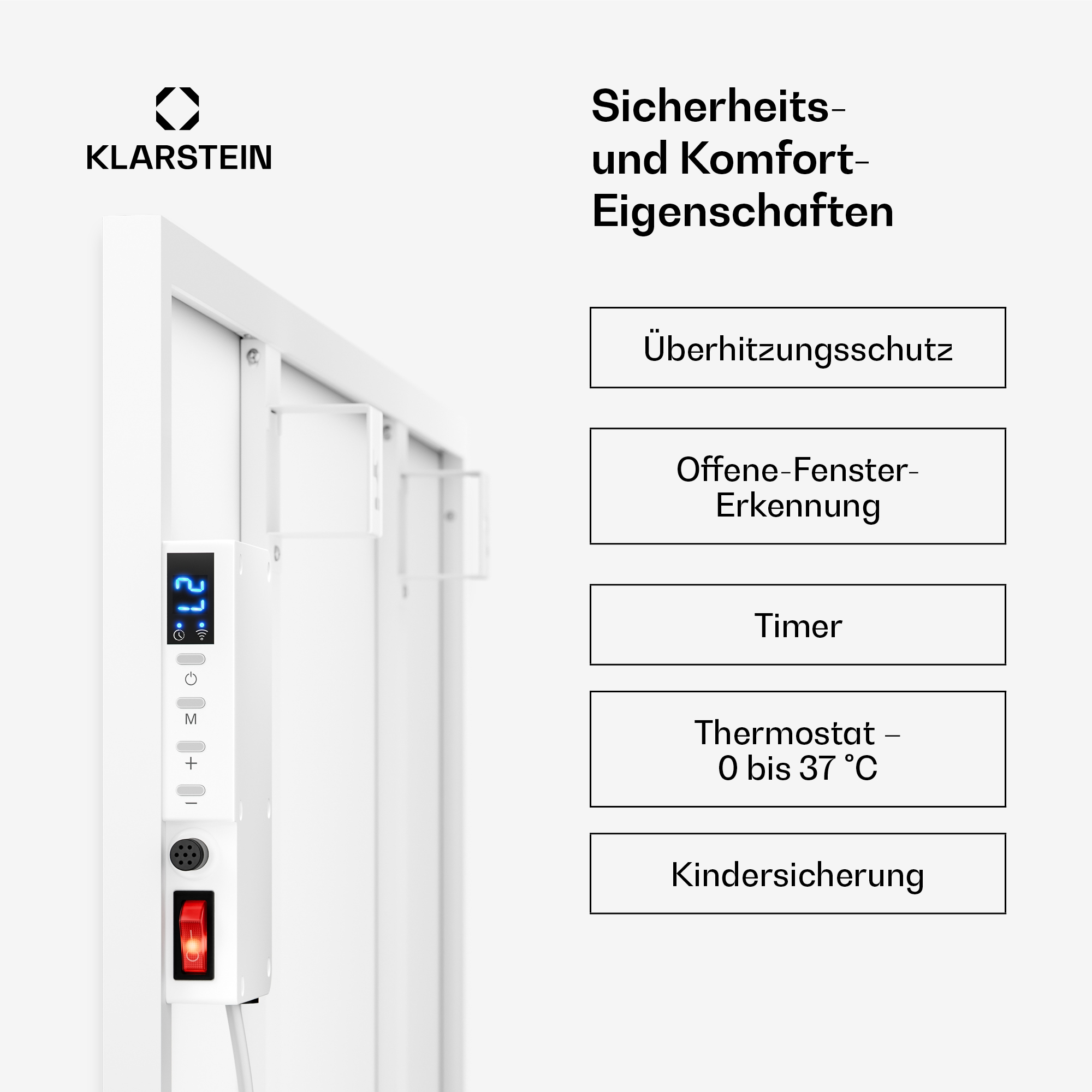 Panel calefactor Klarstein con botones de control y funciones como protección contra sobrecalentamiento y temporizador.