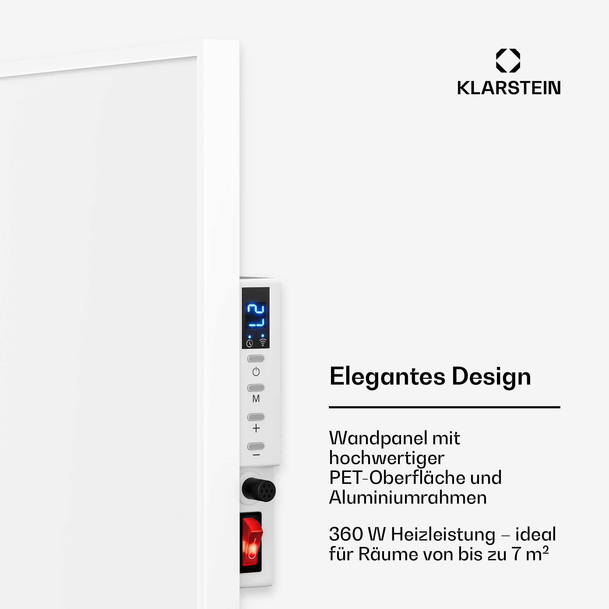 Panel calefactor Klarstein con pantalla LED, controles táctiles, interruptor rojo y descripción de texto.