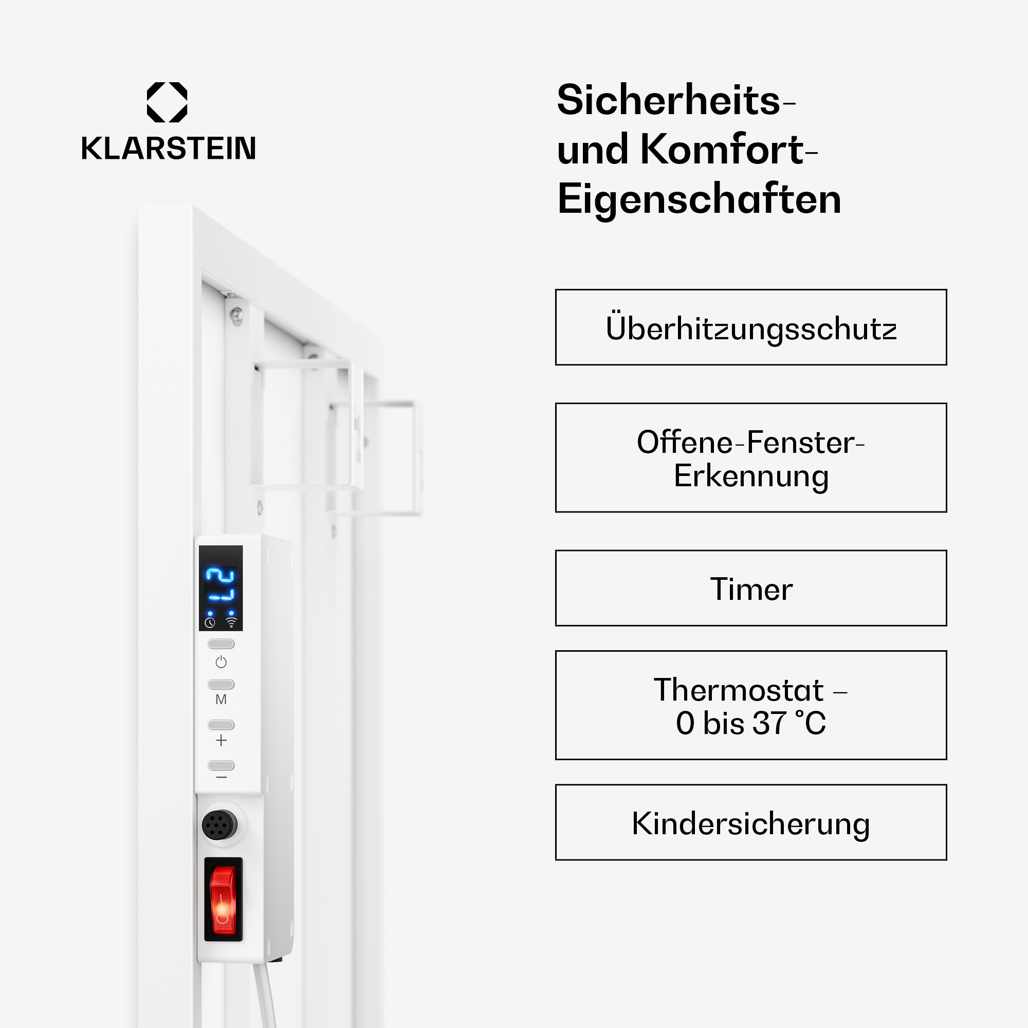 Panel calefactor Klarstein con funciones de seguridad y confort como temporizador, termostato y seguro infantil.