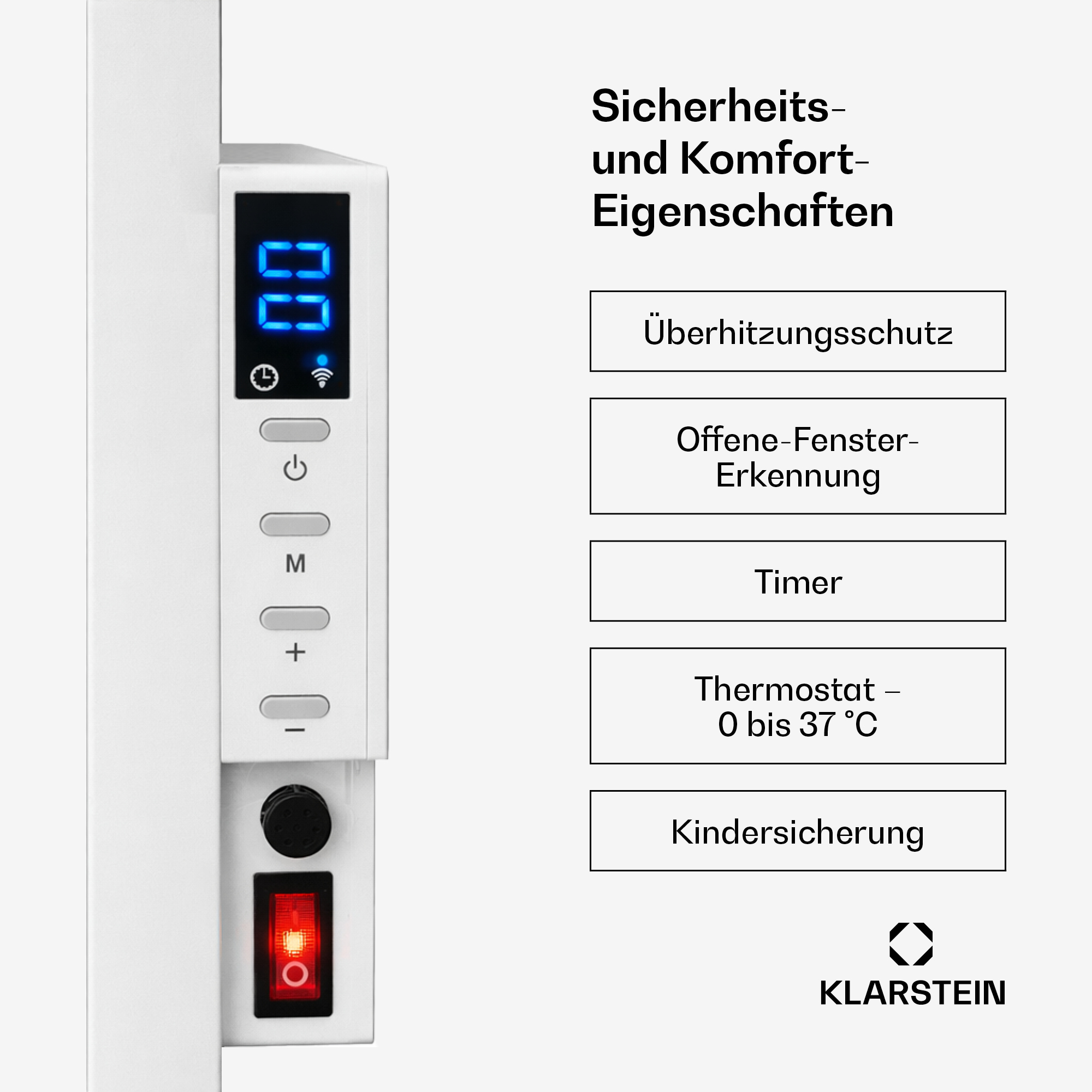 Primer plano del panel de control de un calefactor blanco con pantalla digital, botones y etiquetas en alemán.