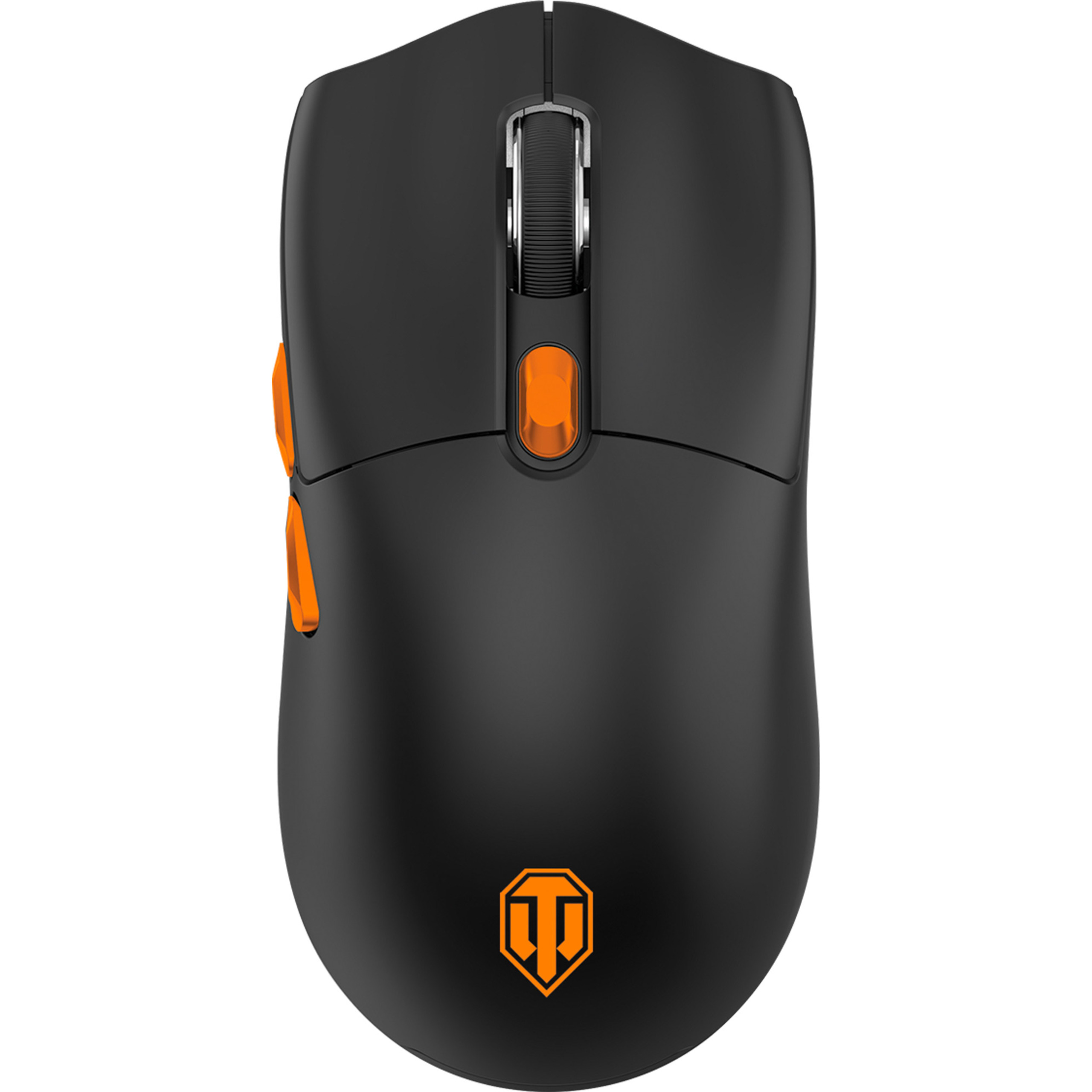 Eine schwarze Computermaus mit orangen Akzenttasten und Logo auf weißem Hintergrund.