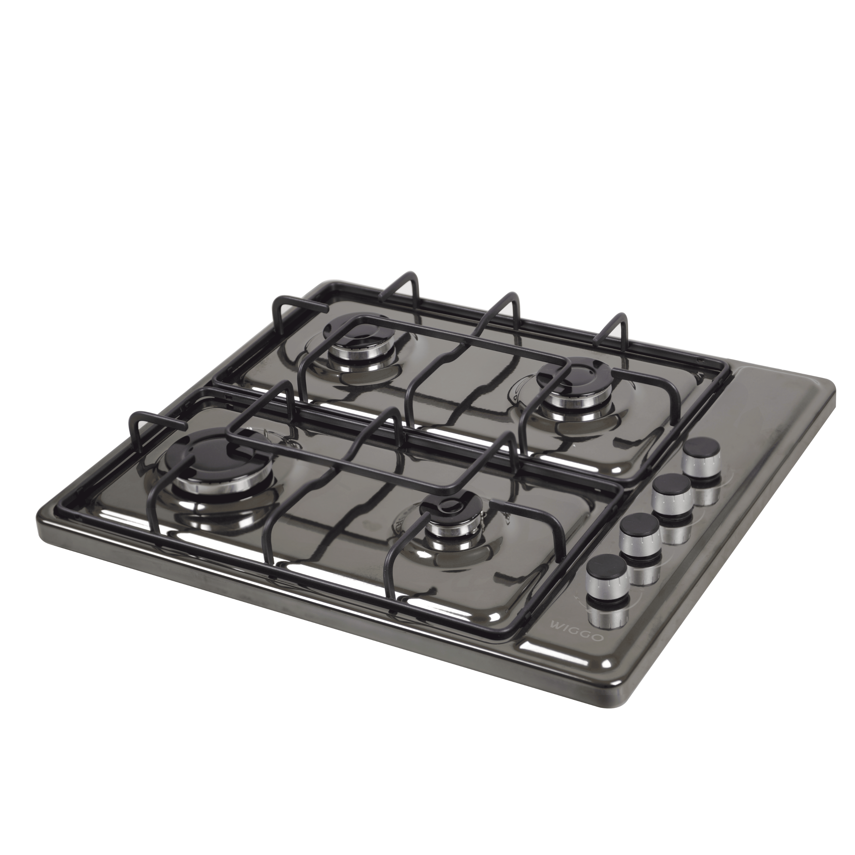 A dark grey gas hob with four burners, black grates, and four silver control knobs on the right side.