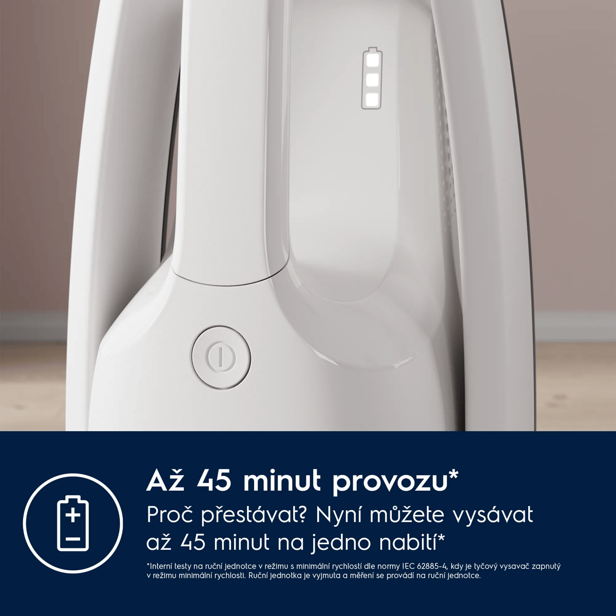 Aspirapolvere bianco con indicatore di batteria e testo sull'autonomia su sfondo blu.