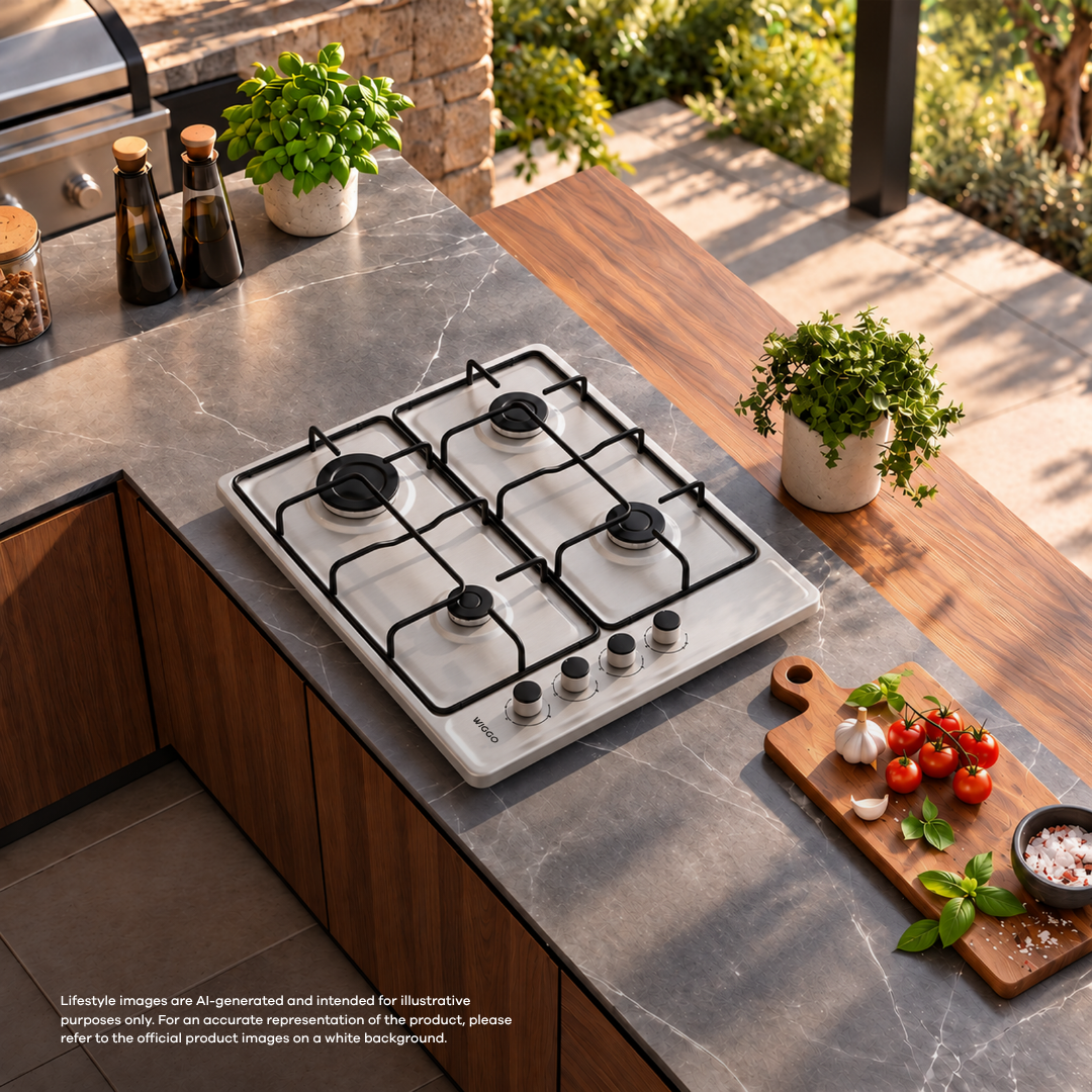 A white gas cooktop on a grey marble outdoor countertop with herbs and tomatoes.