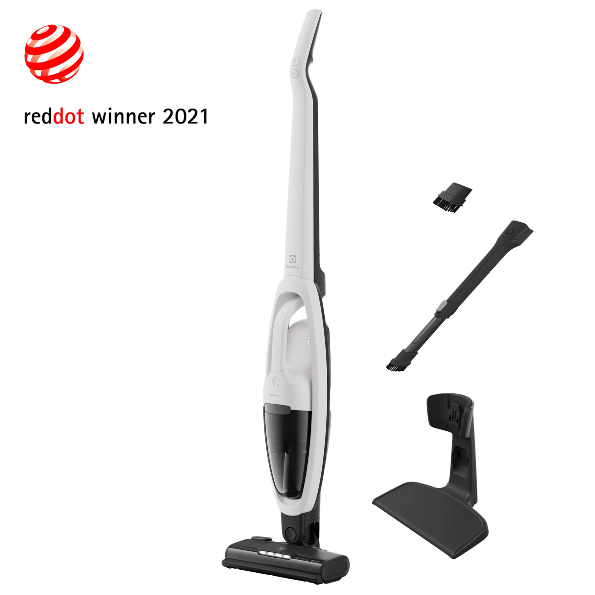 Aspirapolvere senza fili bianco con accessori e logo rosso Red Dot Award 2021.