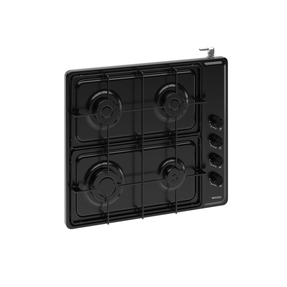 Black gas hob featuring four burners, grates, and four control knobs on the right side.