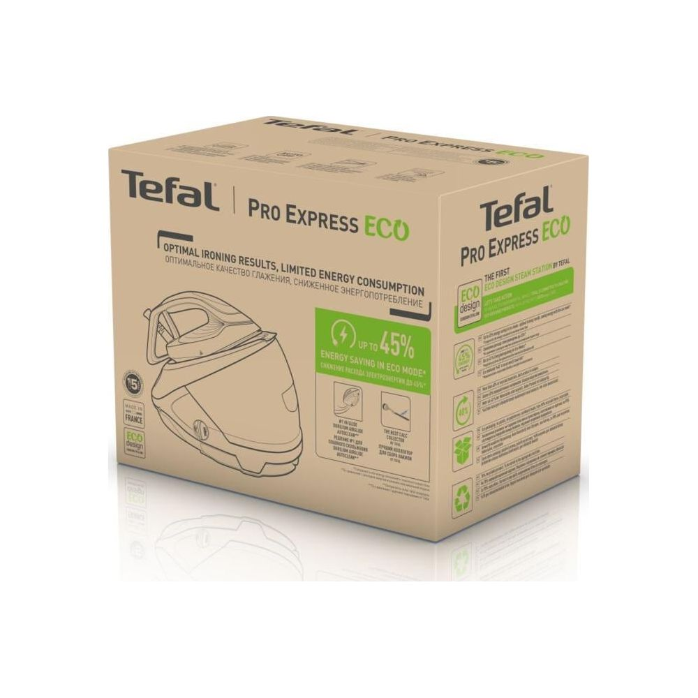 Kartonverpackung der Tefal Pro Express Eco Dampfbügelstation mit Produktgrafiken.