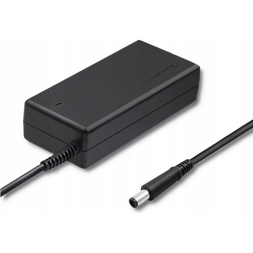 A black power adapter with a cable and plug on a white background.