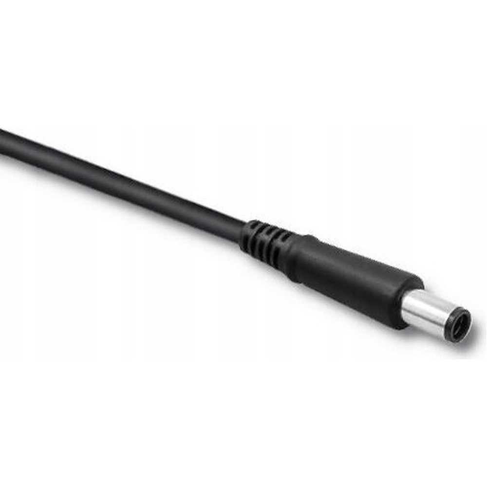 A black power cable with a cylindrical metal plug against a white background.